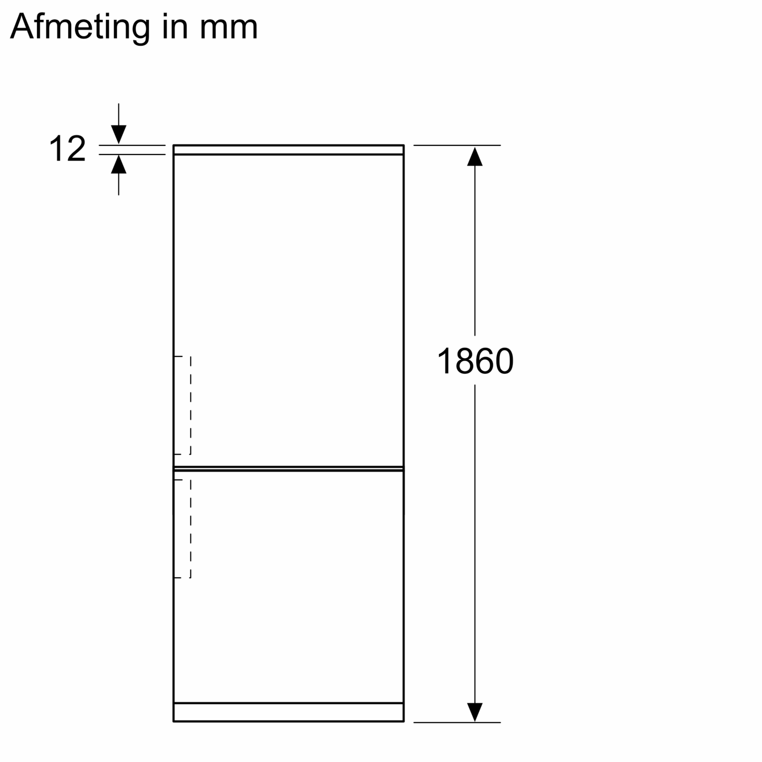 Afmetingen koelkast in mm: 12 mm diepte, 1860 mm hoogte.