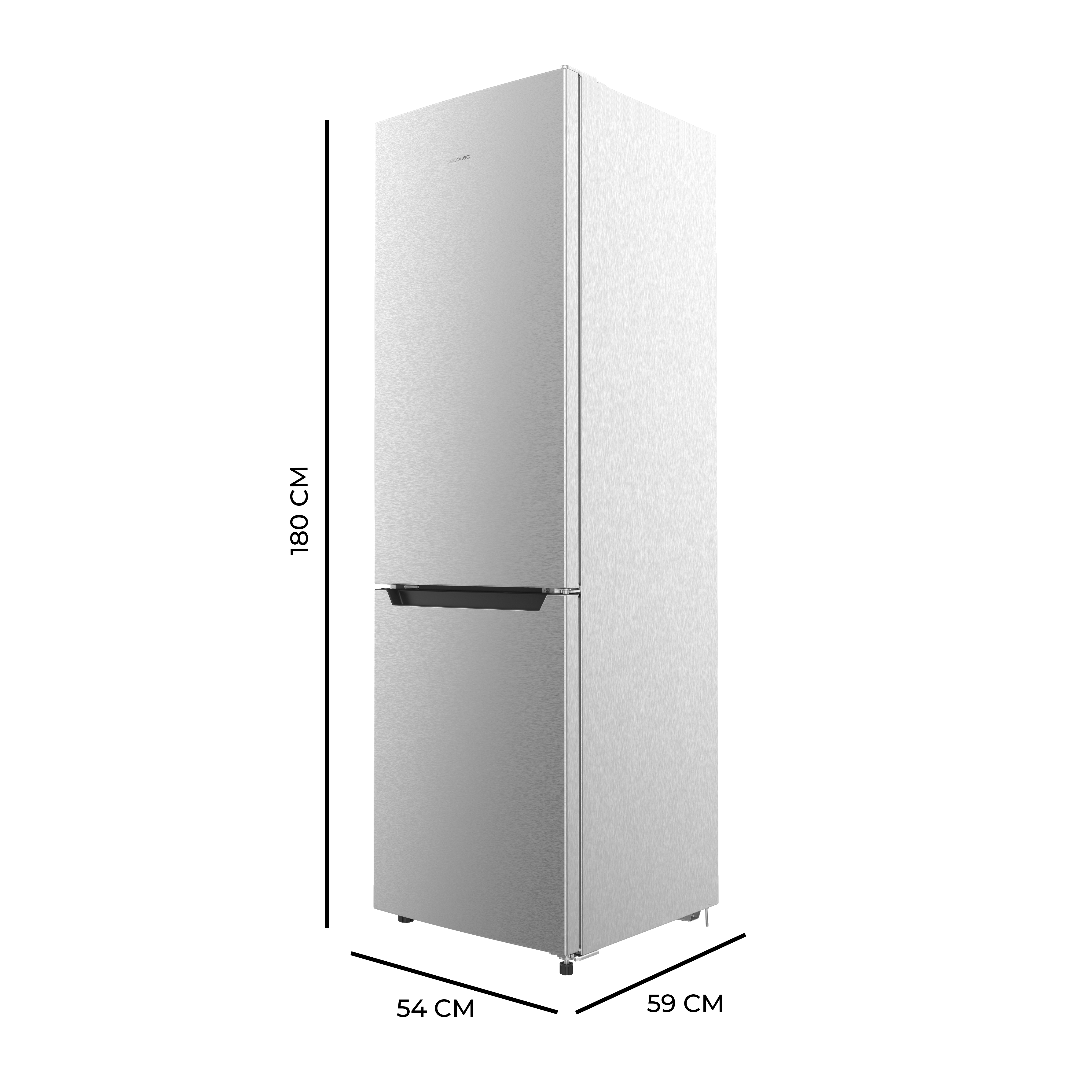 Un refrigerador plateado sobre un fondo negro.