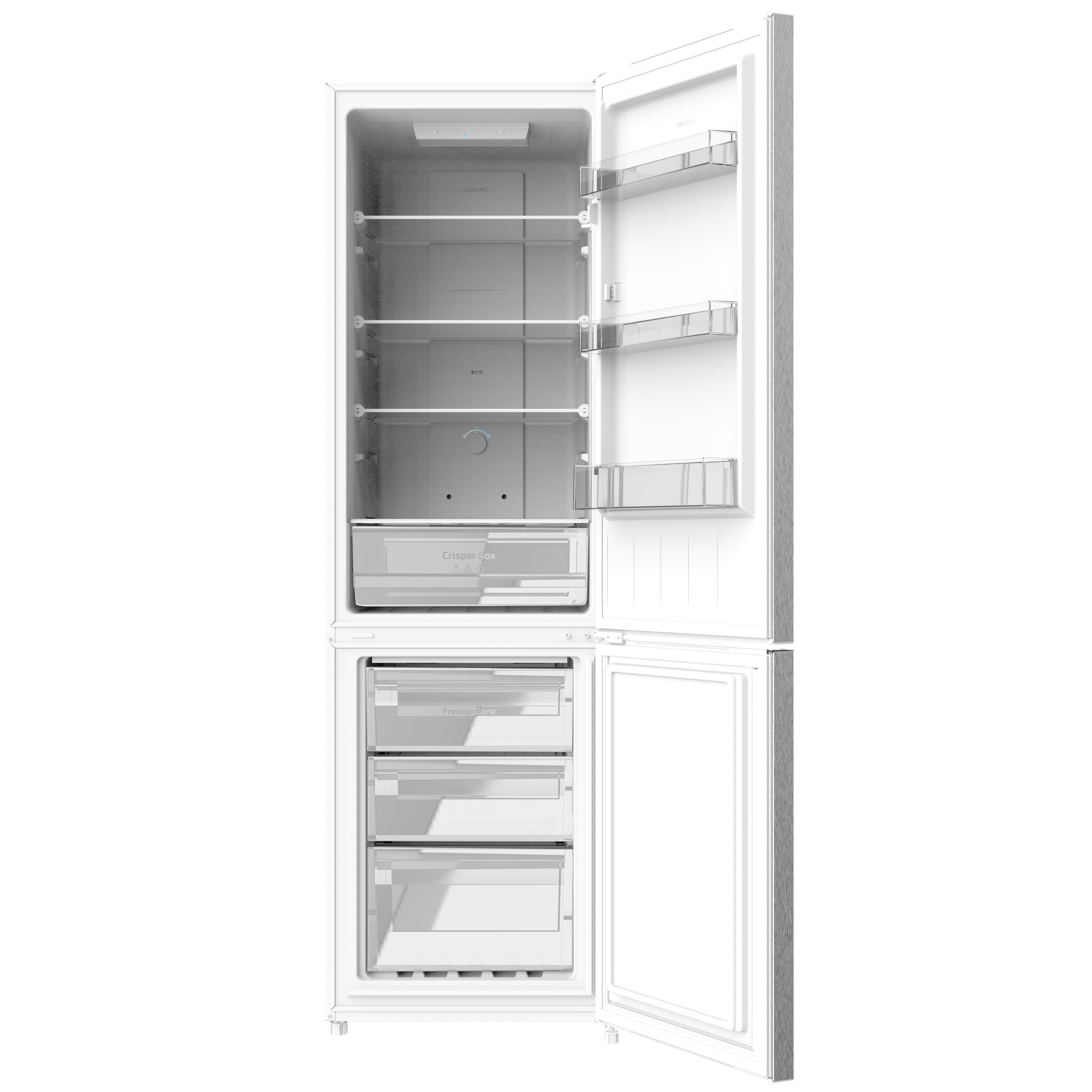 Refrigerador blanco con la puerta abierta, mostrando estantes y cajones. Compartimentos vacíos y una caja.