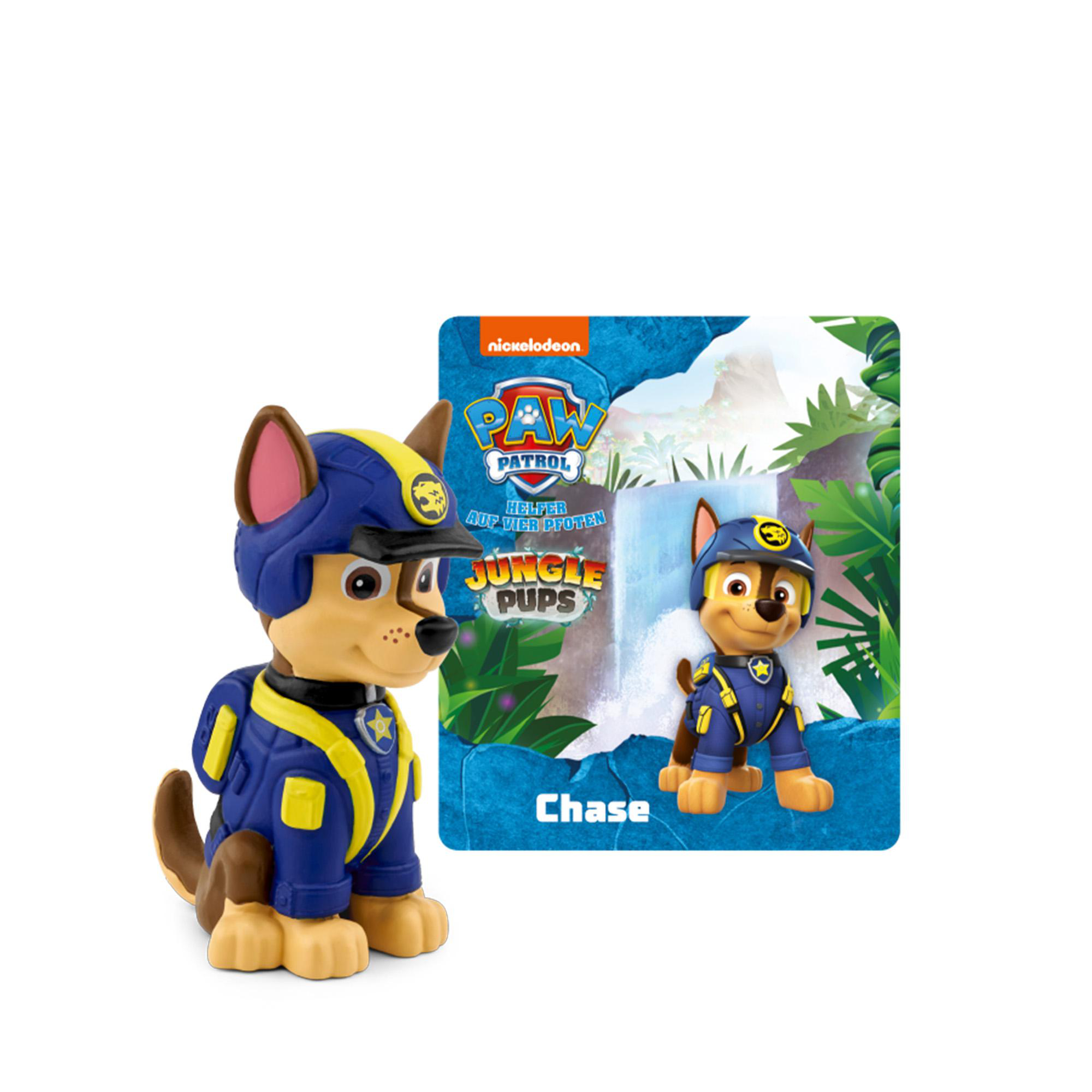 Chase-Spielzeug von Paw Patrol. Zeigt Chase-Figur und Bild auf einer Karte. Blaue und gelbe Uniform.