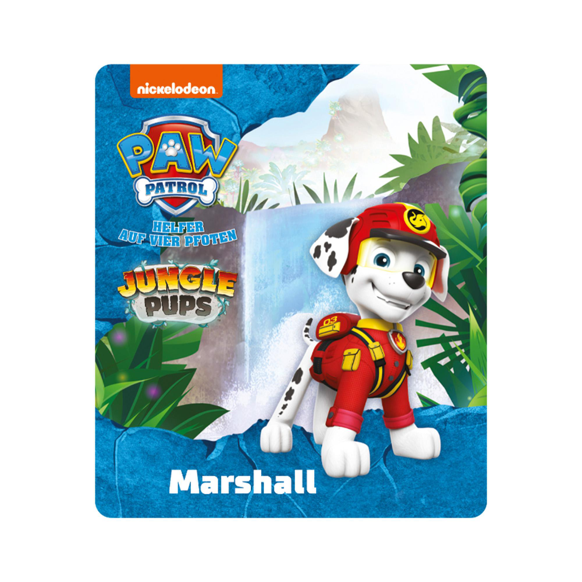 Marshall von Paw Patrol in Uniform, vor einem Wasserfall stehend, mit Text.