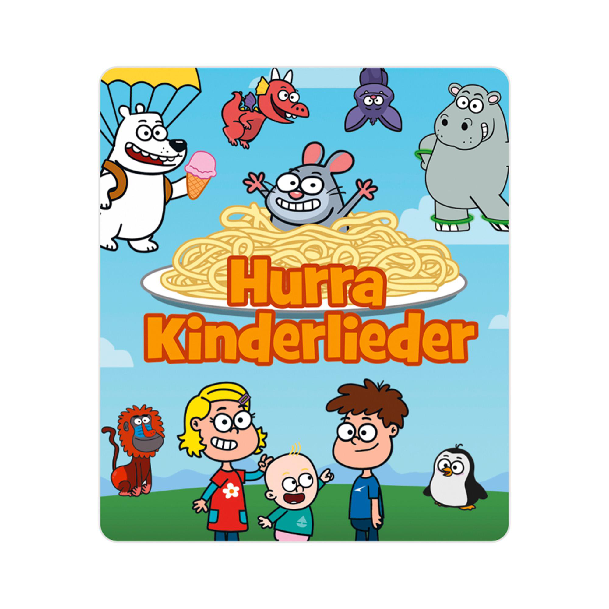 Buntes Cartoon-Cover mit Kindern und Zeichentrickfiguren. Titel 'Hurra Kinderlieder' in der Mitte.