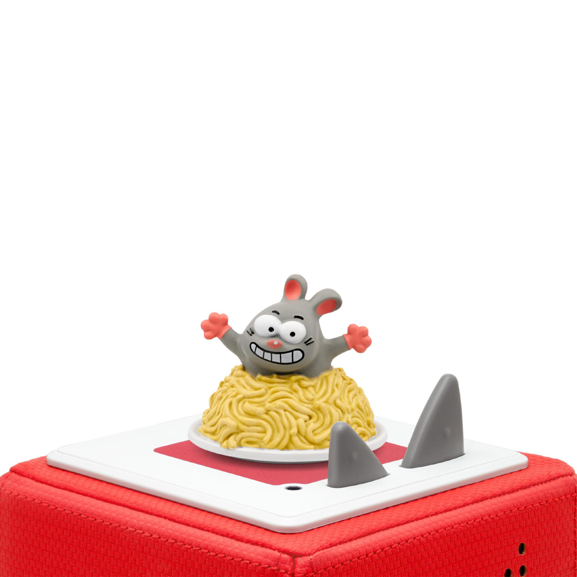 Cartoon-Kaninchen auf einem Teller Spaghetti mit Haifischflossen-Dekorationen.