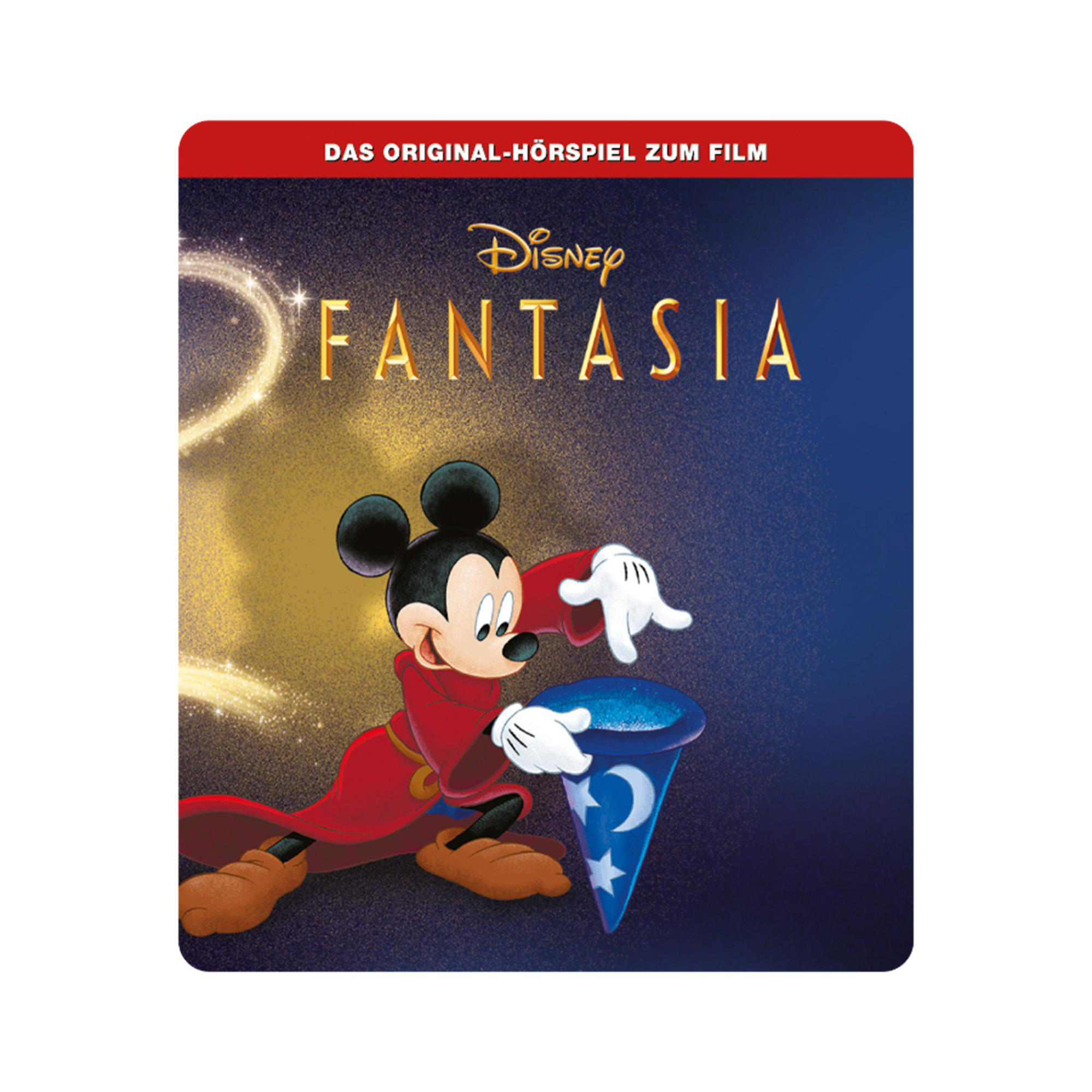 Disney Fantasia DVD-Hülle. Mickey Mouse in Zauberer-Kleidung. Dunkelblauer Hintergrund mit goldenen Wirbeln.