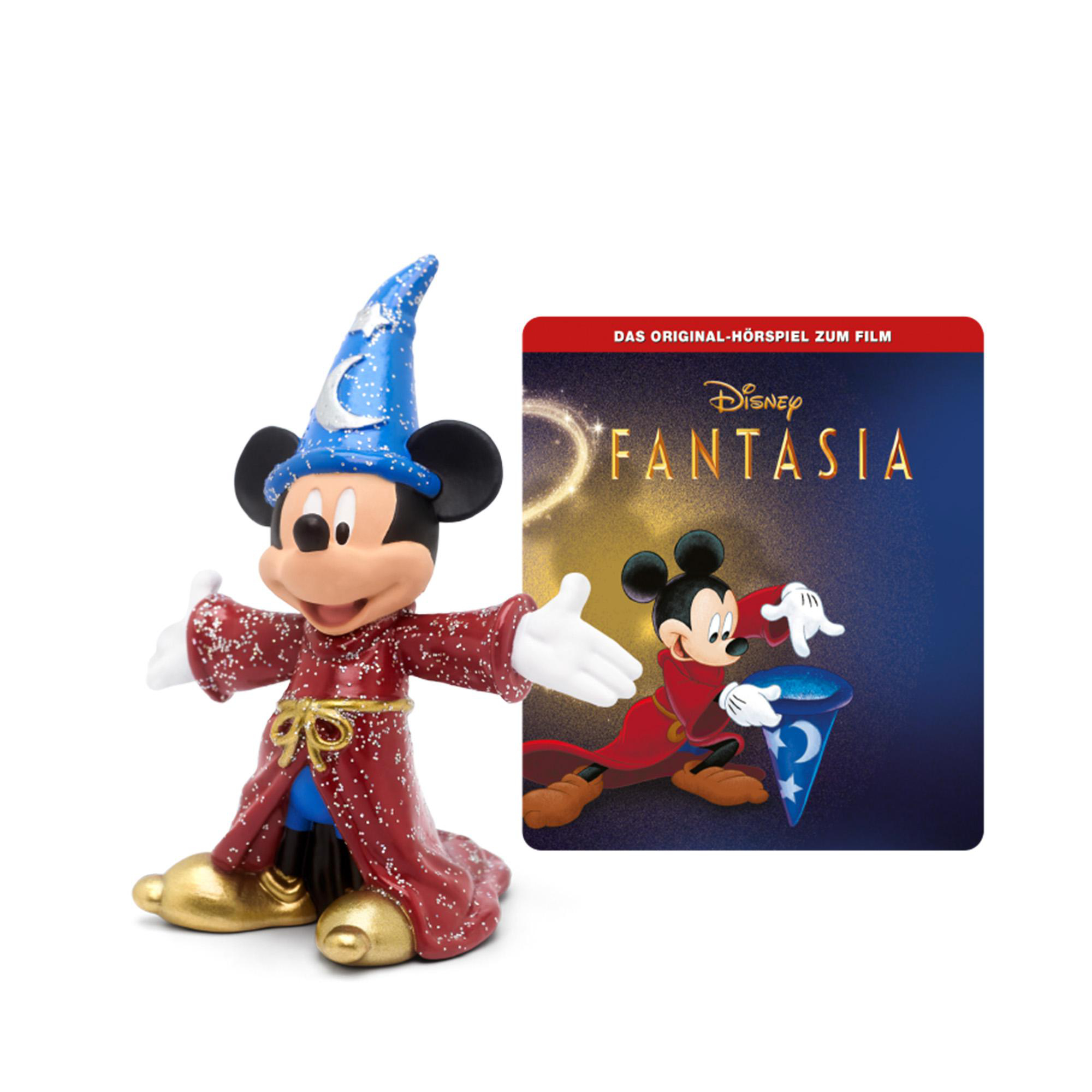 Mickey Mouse Figur in Zaubererrobe, mit einer Fantasia DVD-Hülle.