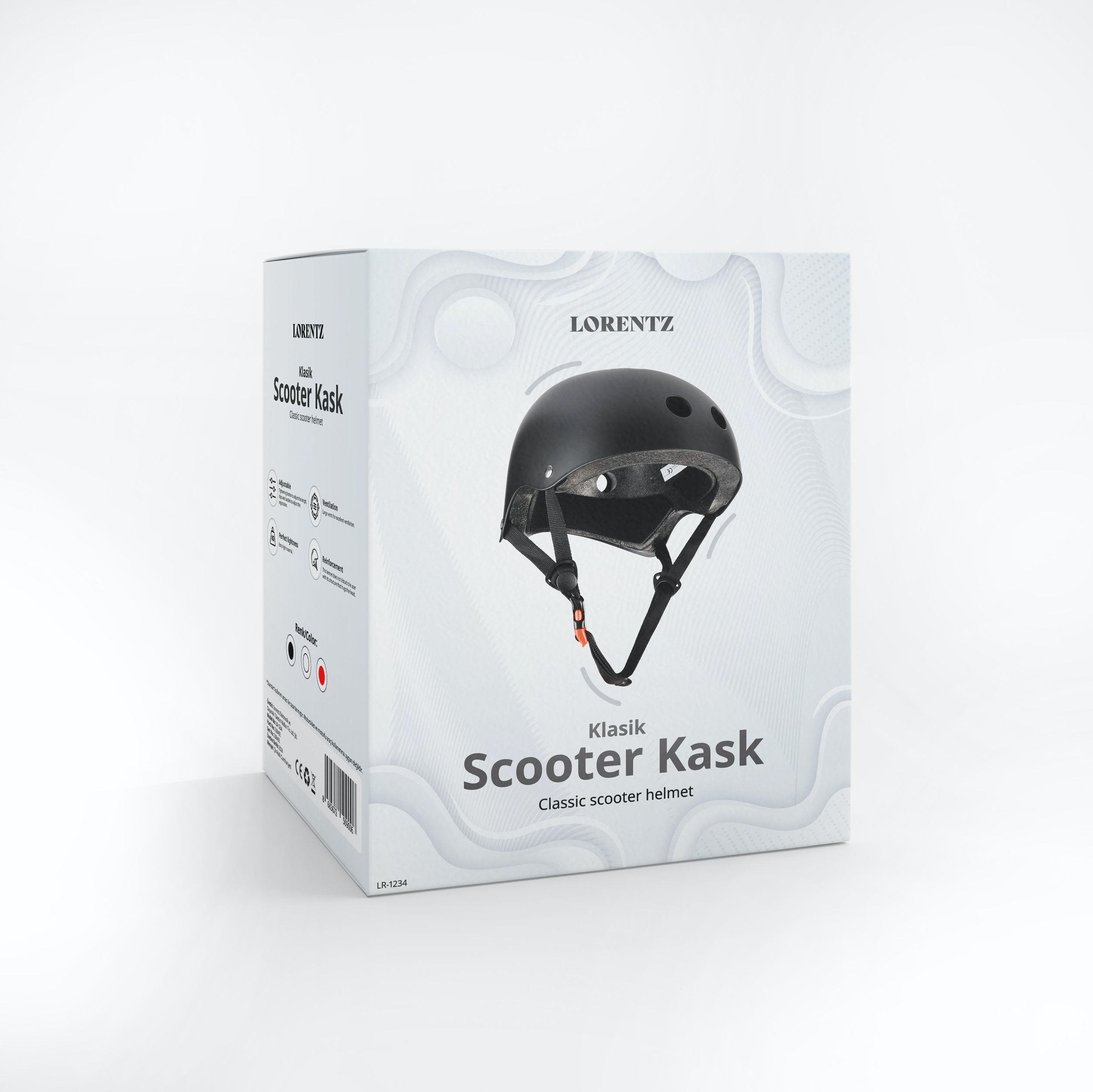 İçinde siyah bir scooter kaskı bulunan beyaz bir kutu, 'Klasik Scooter Kask' olarak etiketlenmiş.