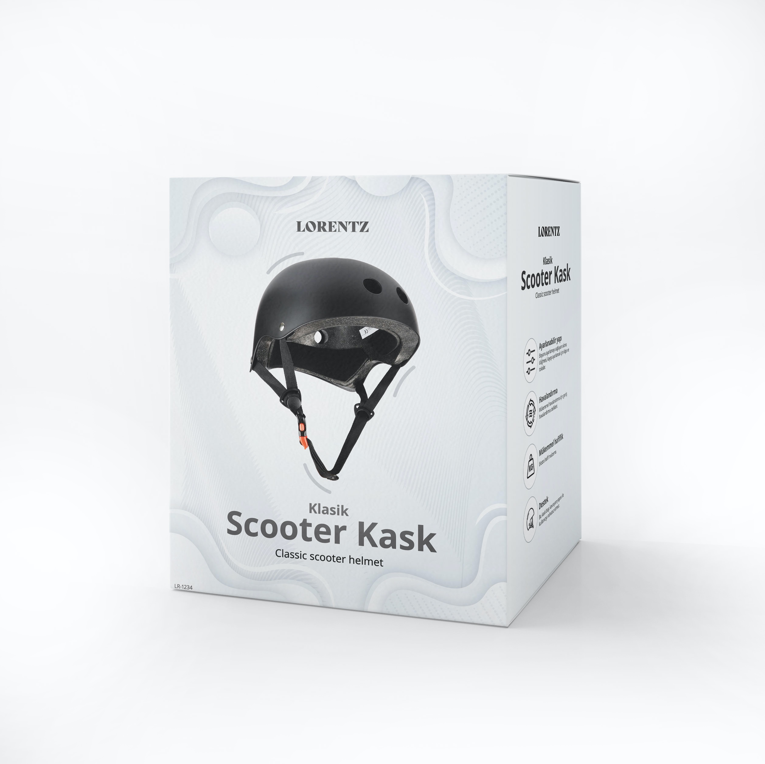 Siyah bir scooter kaskı, 'Klassik Scooter Kask' yazılı beyaz bir kutunun içinde sergileniyor.