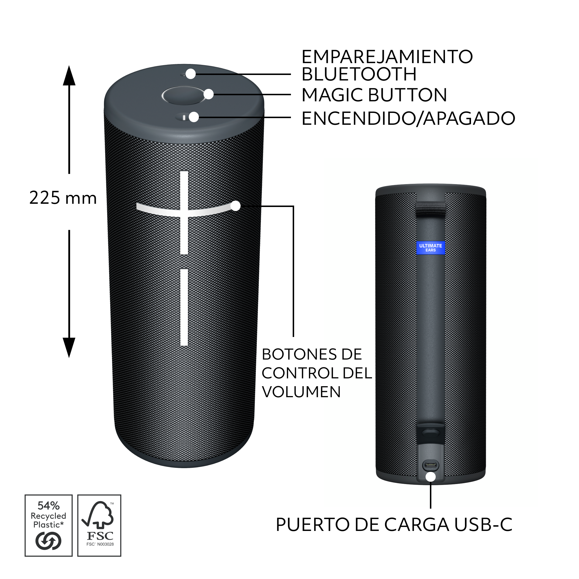 Altavoz cilíndrico negro con botones y etiquetas. 225 mm alto y puerto USB-C.