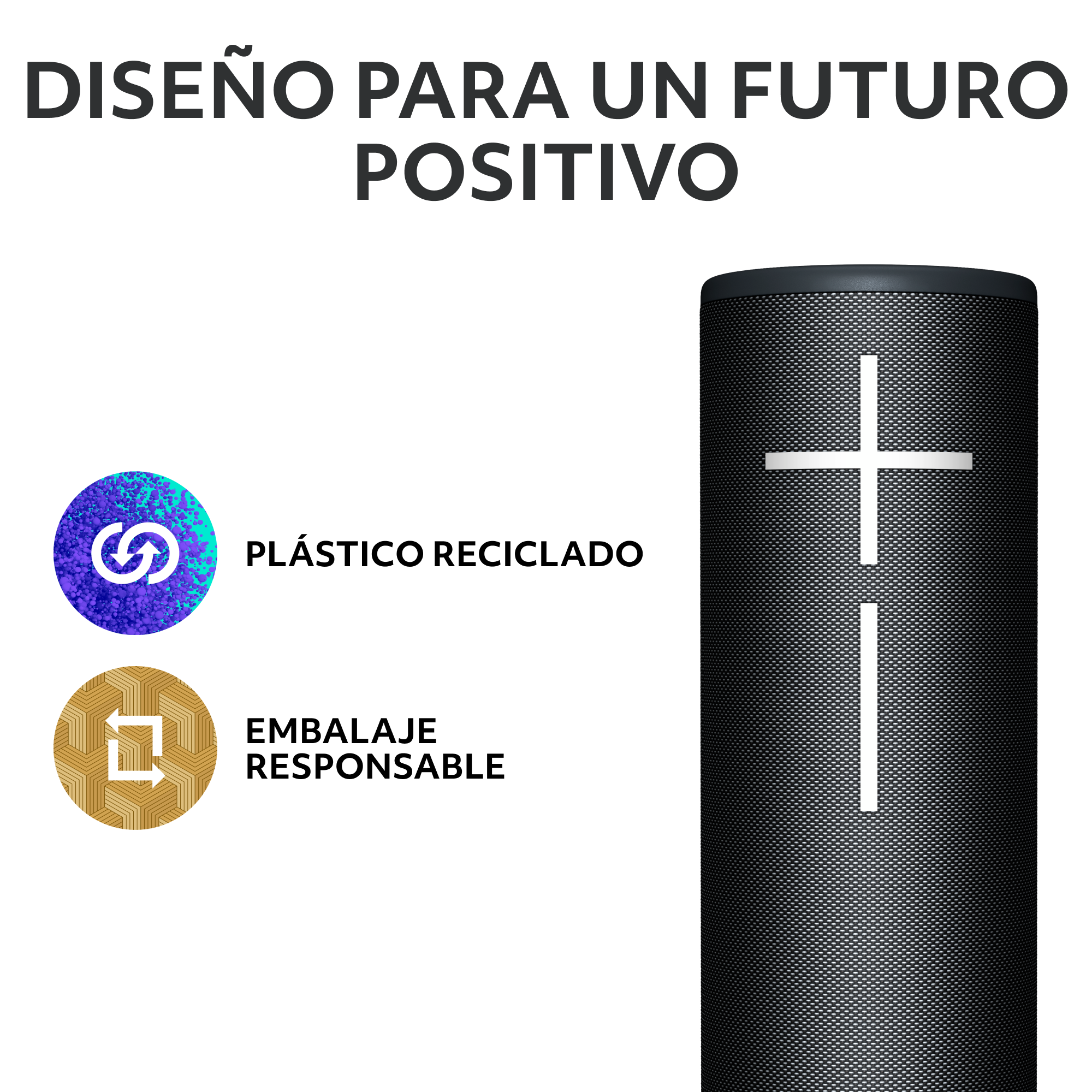 Un altavoz negro con símbolos más y menos blancos, y texto en español.