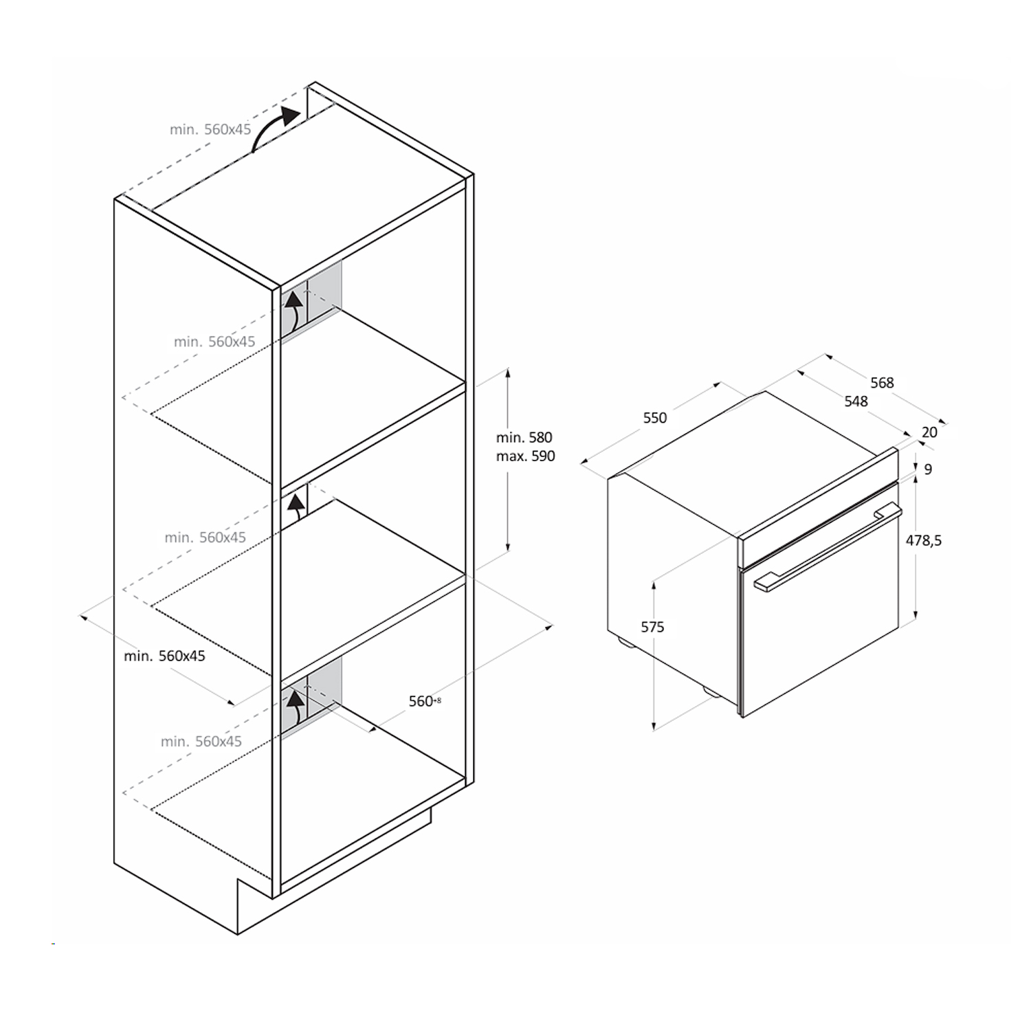 Disegno tecnico di un forno e armadio a incasso, che mostra le dimensioni.