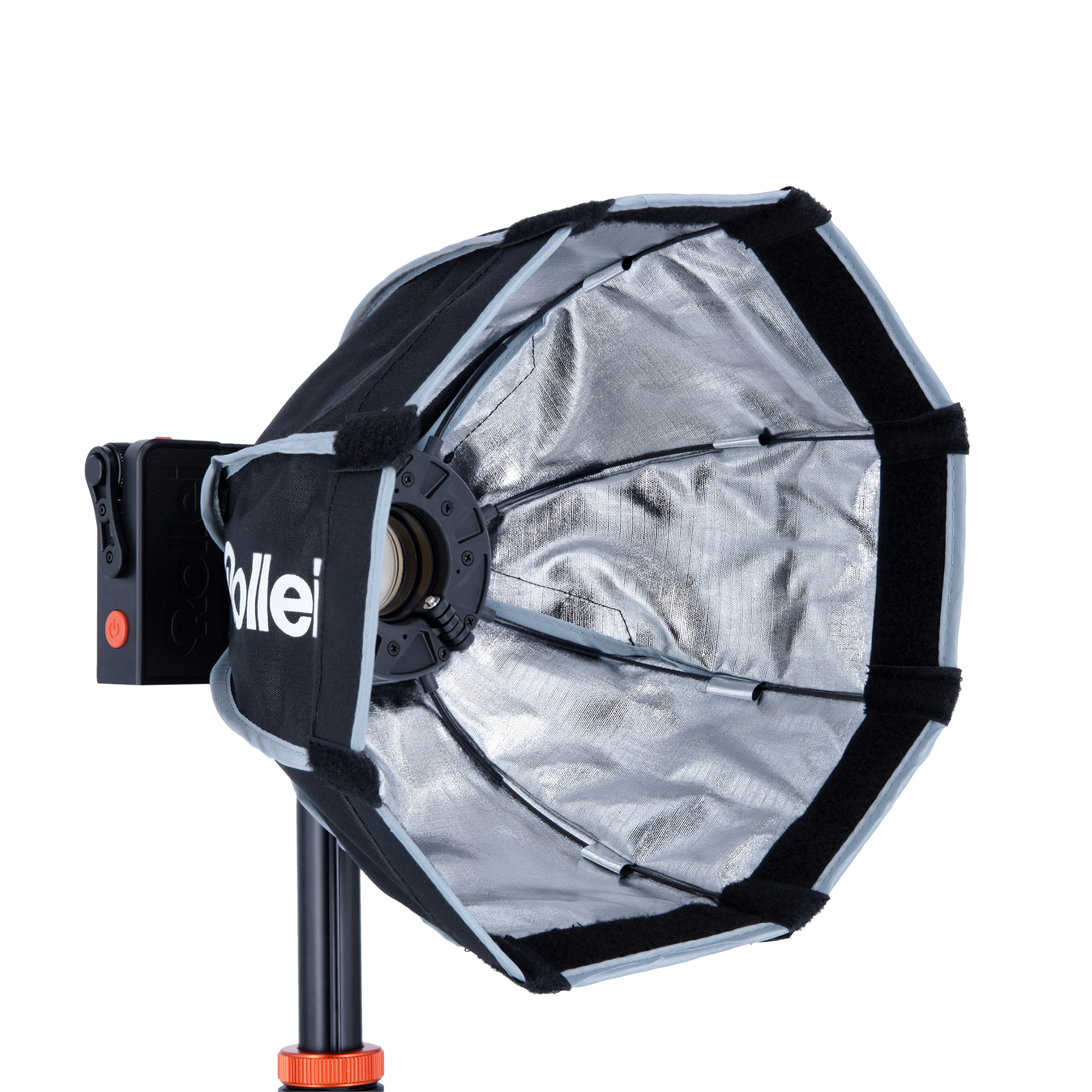Ein Rollei Studio-Licht mit schwarzer und silberner achteckiger Softbox.