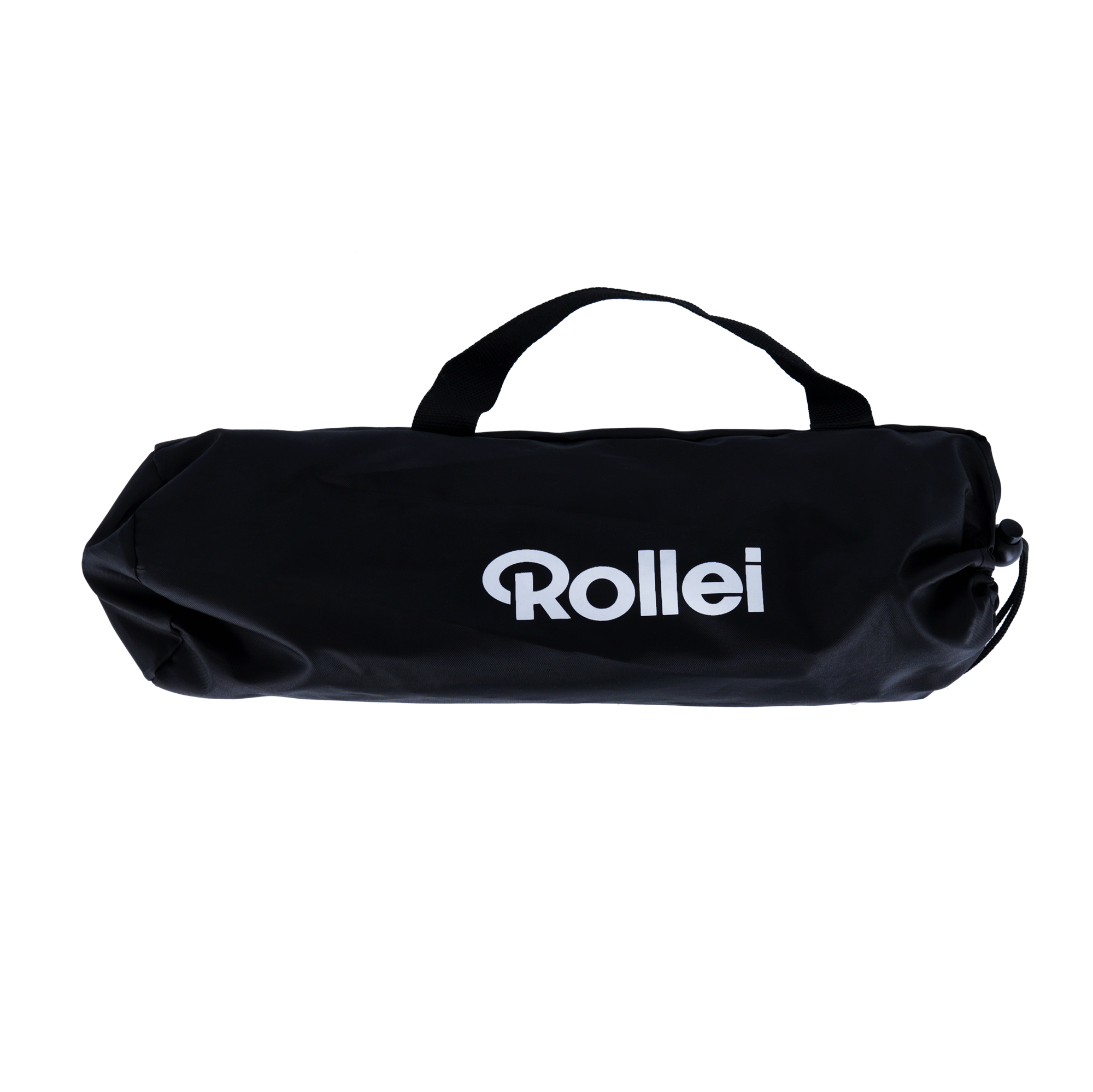Eine schwarze, zylindrische Tasche mit 'Rollei' in weißen Buchstaben. Sie hat einen Griff und einen Kordelverschluss.