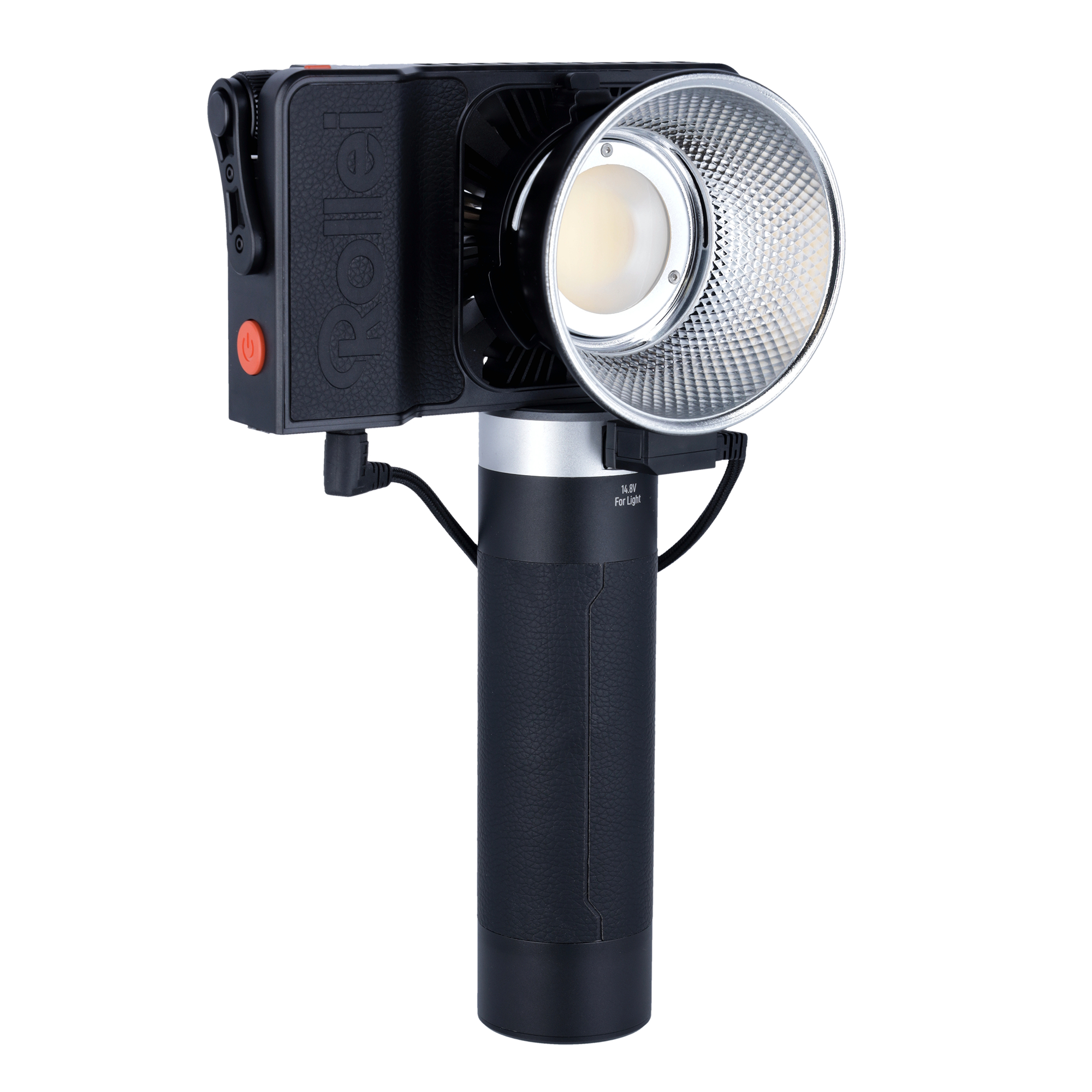 Schwarz-silberne LED-Leuchte mit Griff, isoliert auf weißem Hintergrund.