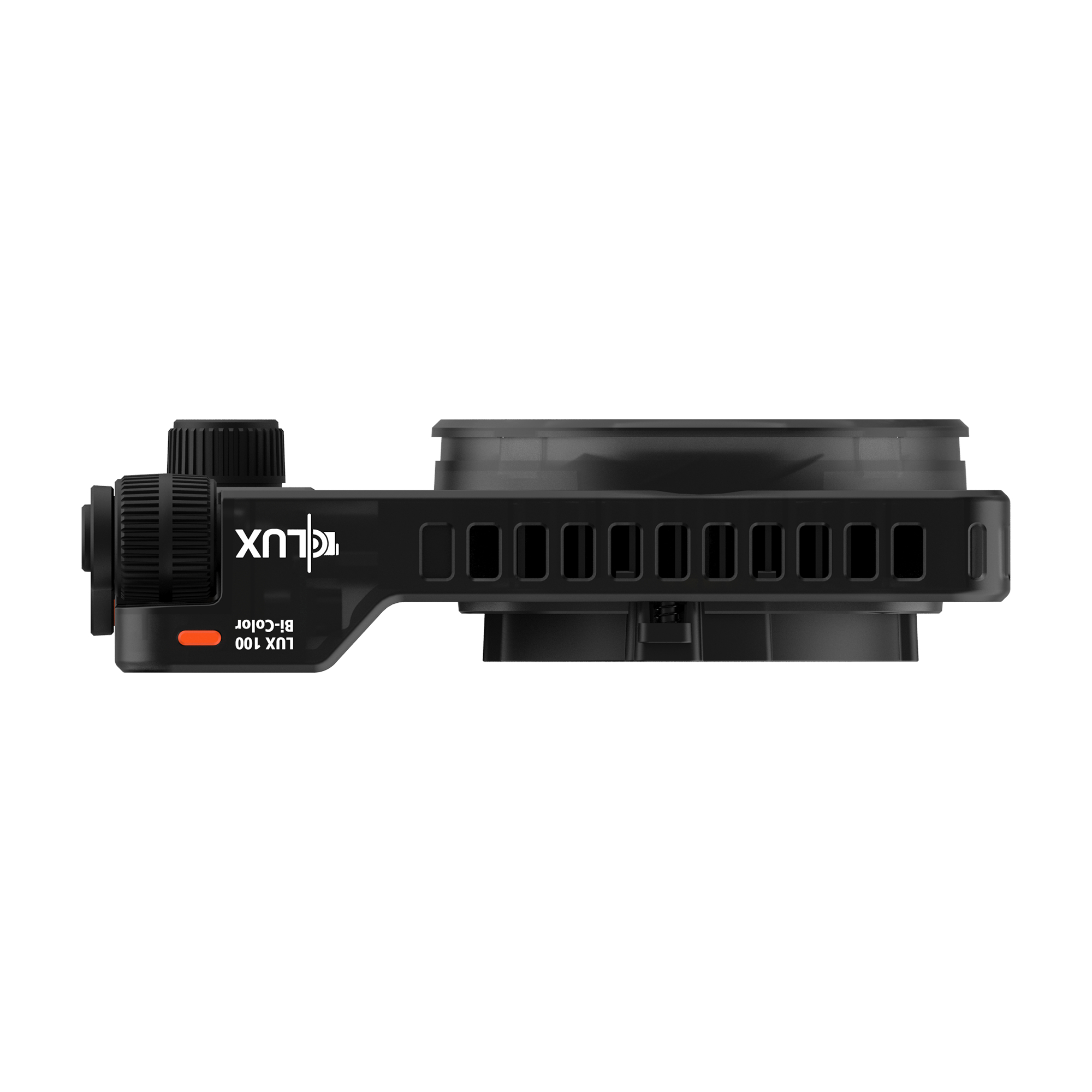 Schwarzes LUX 100 Bi-Color Licht, Seitenansicht. Es hat ein Rad und den Markennamen.