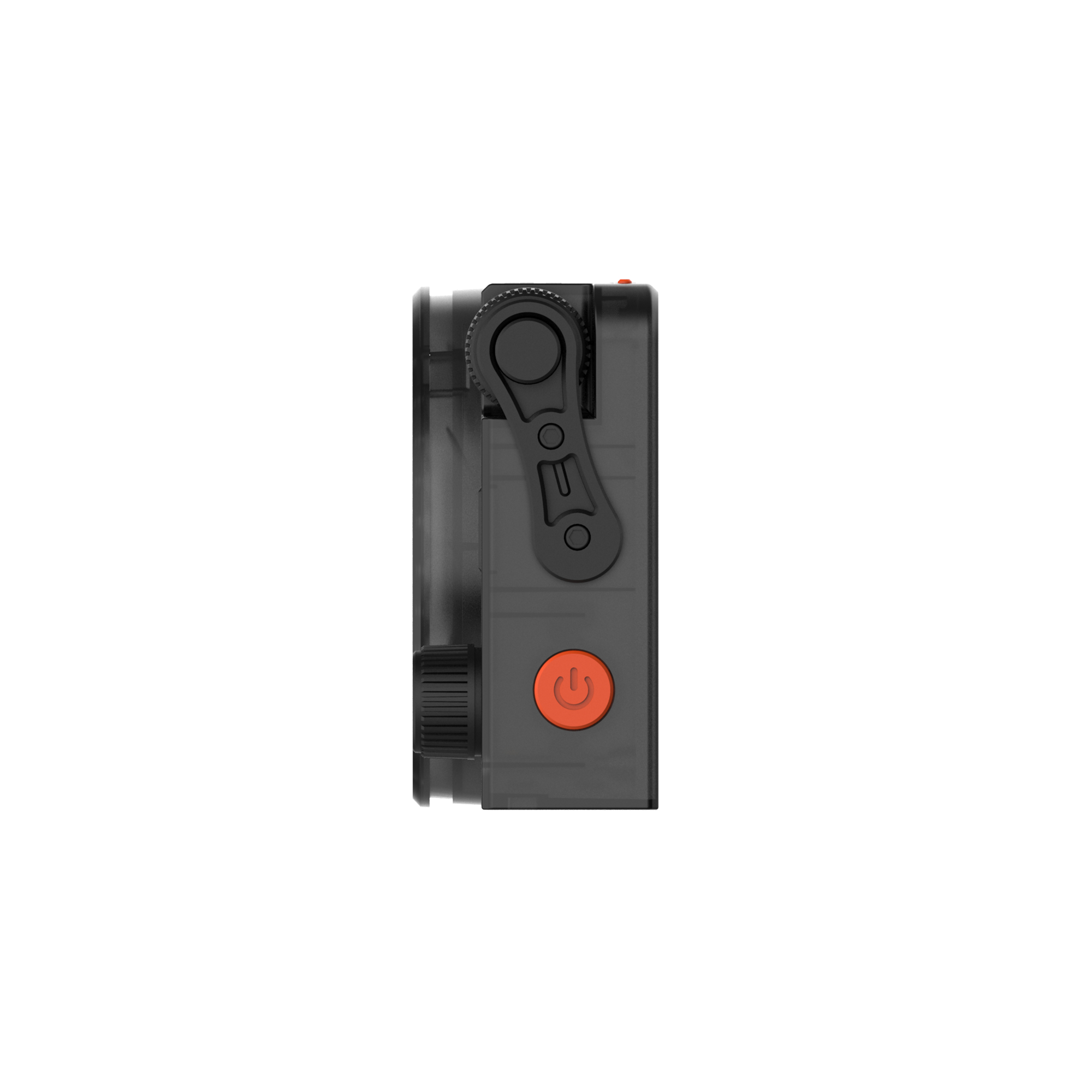 Schwarze Action-Kamera mit orangefarbenem Ein-Aus-Knopf und Drehregler.
