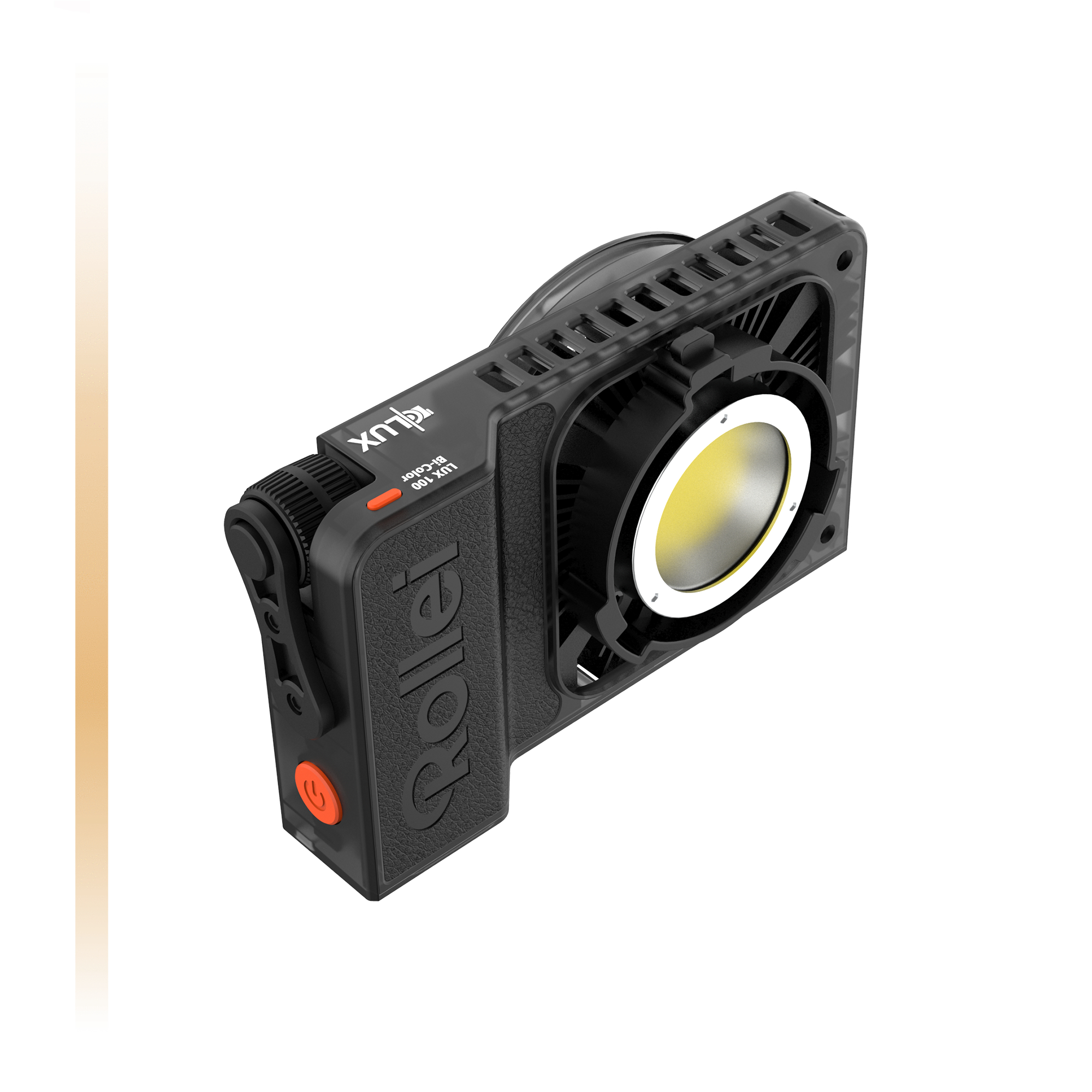 Schwarzes Rollei-Licht mit einem Lüfter. Es hat ein helles Licht und einen roten Power-Knopf.