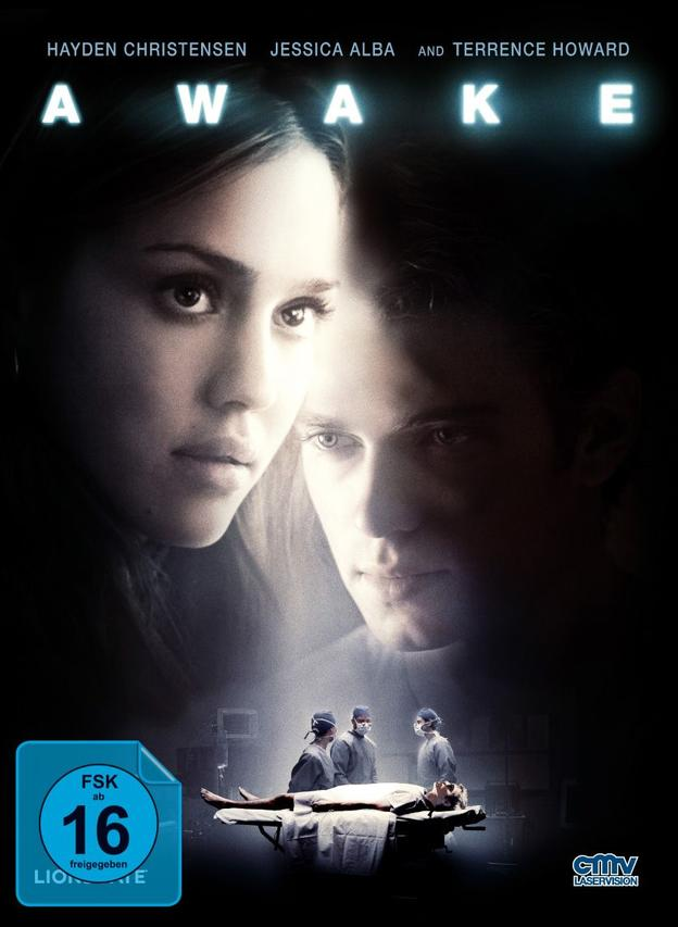 Filmplakat für 'Awake' mit Hayden Christensen, Jessica Alba und anderen. Dunkles Thema.