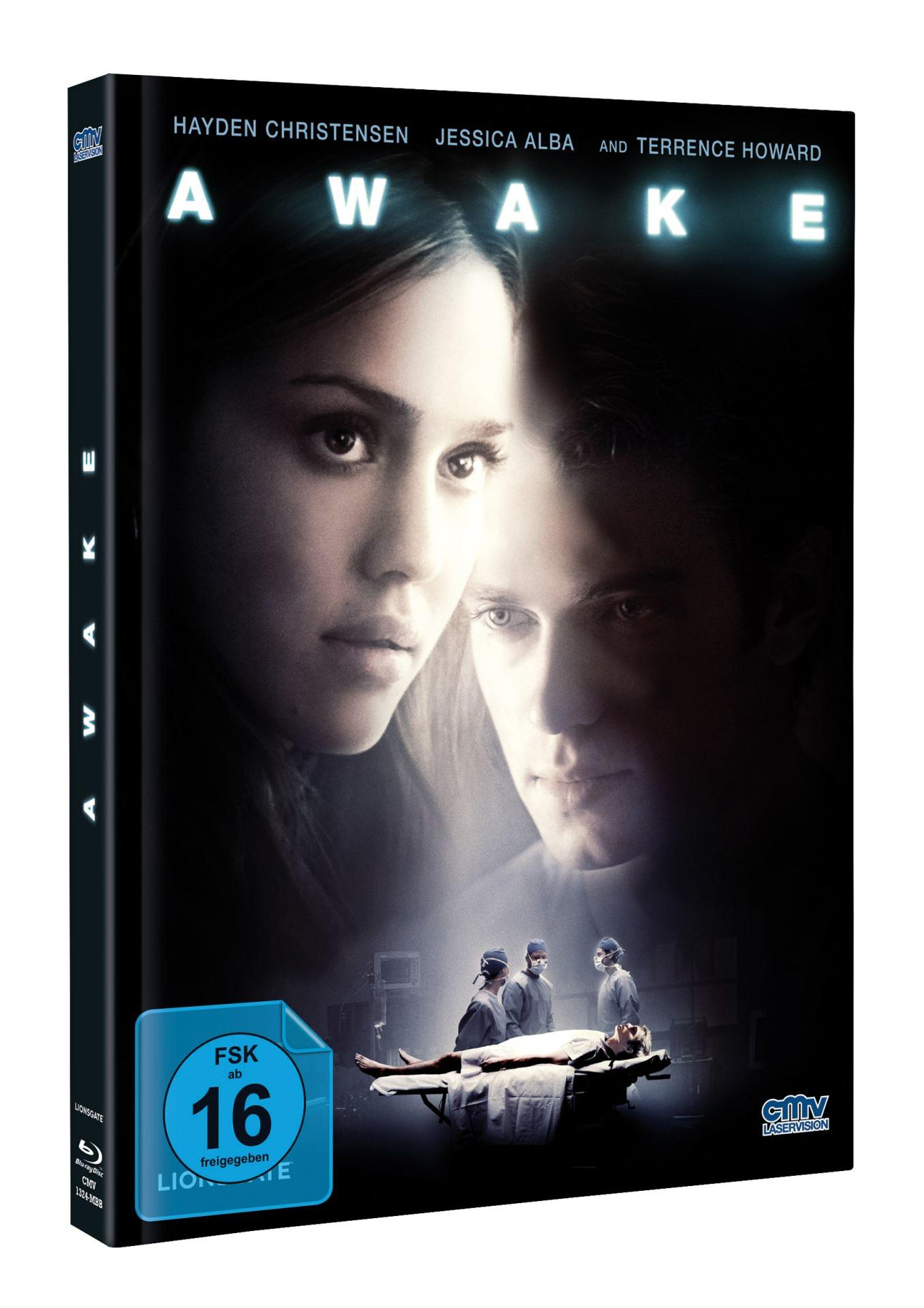 DVD-Cover für den Film 'Awake' mit Hayden Christensen und Jessica Alba, dunkler Hintergrund.