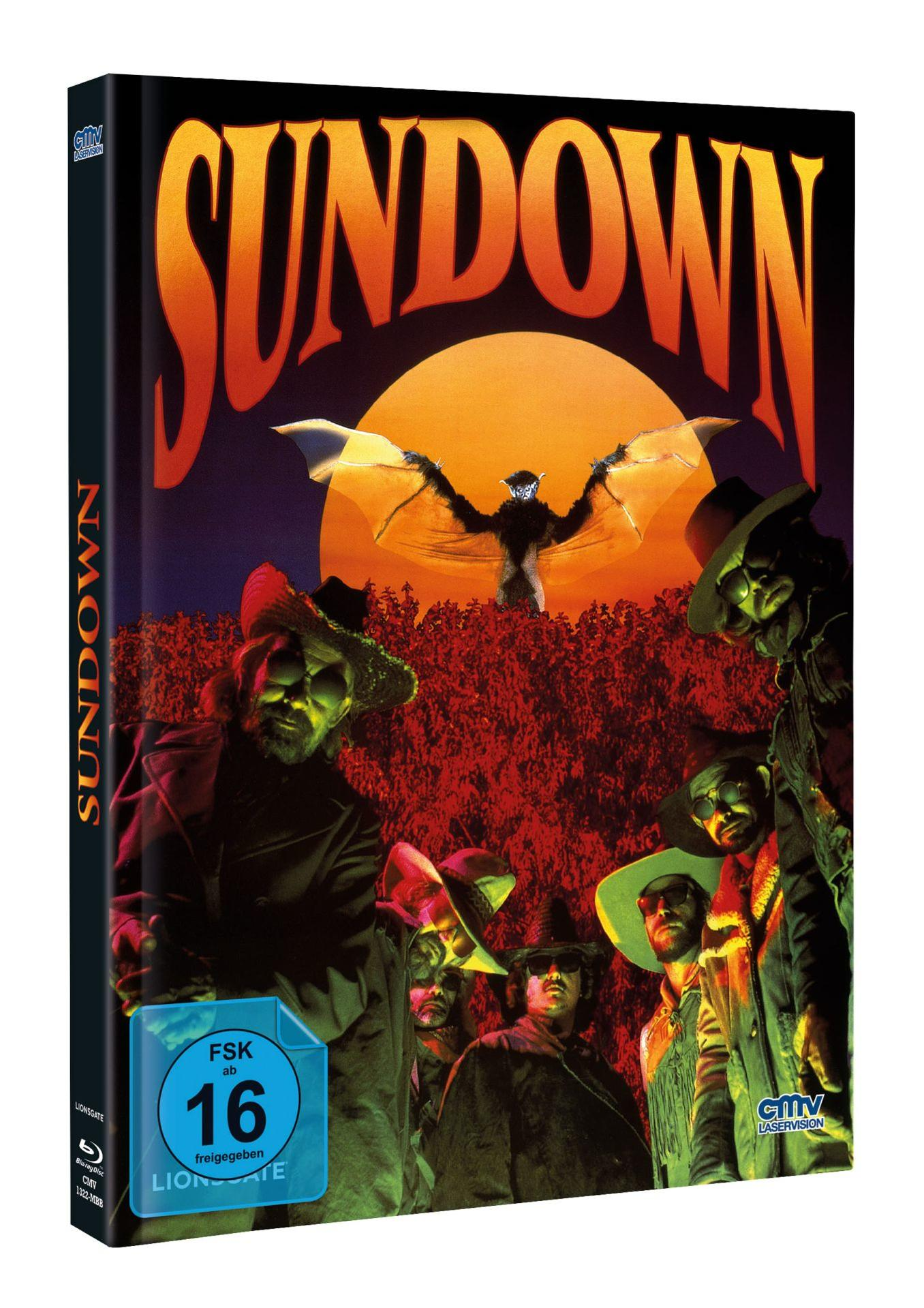 Filmcover für Sundown mit Fledermaus, Figuren mit Hüten und Text. FSK 16 Bewertung ist sichtbar.