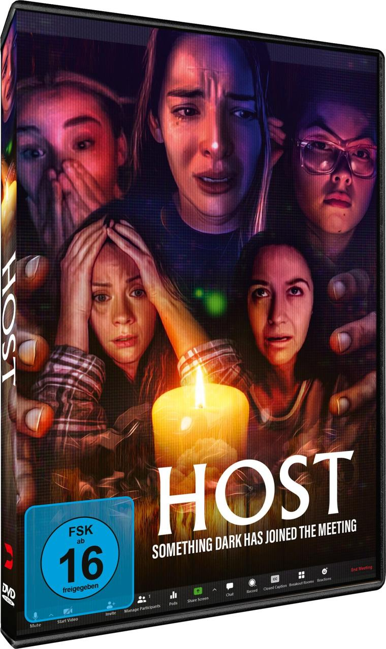 DVD-Cover mit erschrockenen Gesichtern, einer Kerze und dem Titel 'HOST'.