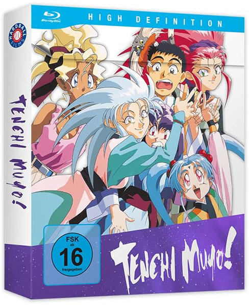 Anime-DVD-Hülle mit mehreren Charakteren. Der Titel lautet Tenchi Muyo!. Hintergrund hat blaue und goldene Farben.