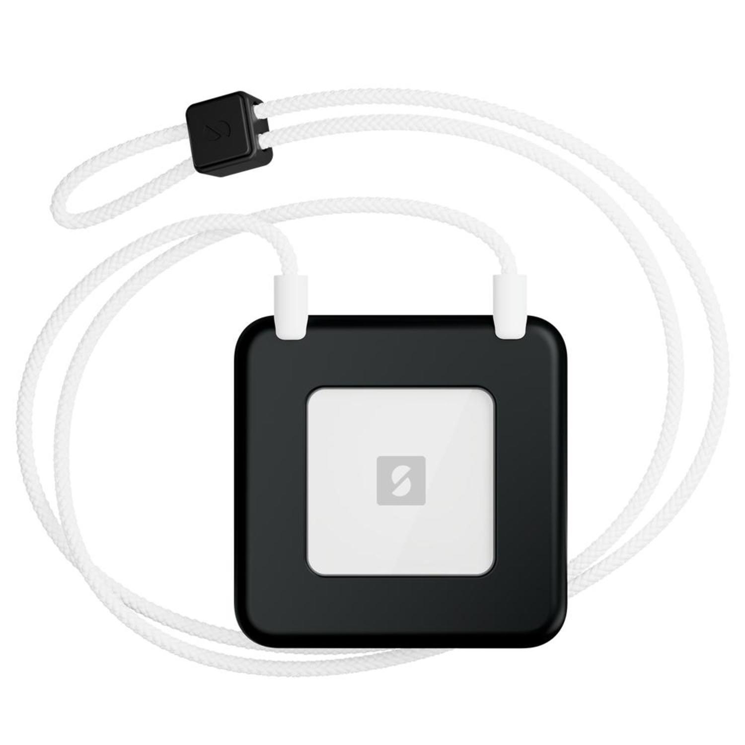 A black square device with a white center, attached to a white lanyard.