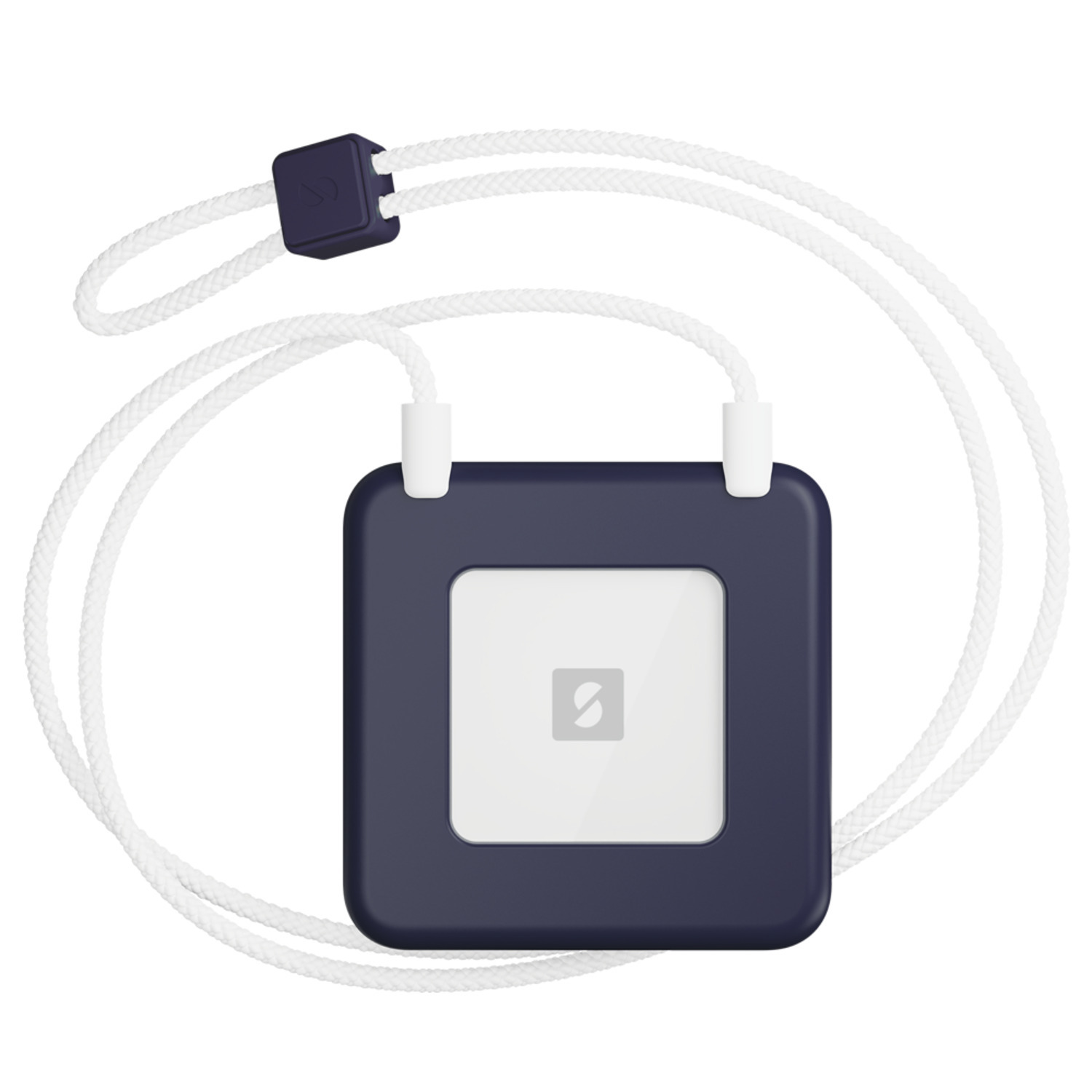 A square, dark blue lanyard with a white cord and a white square with a logo. It is for a phone.