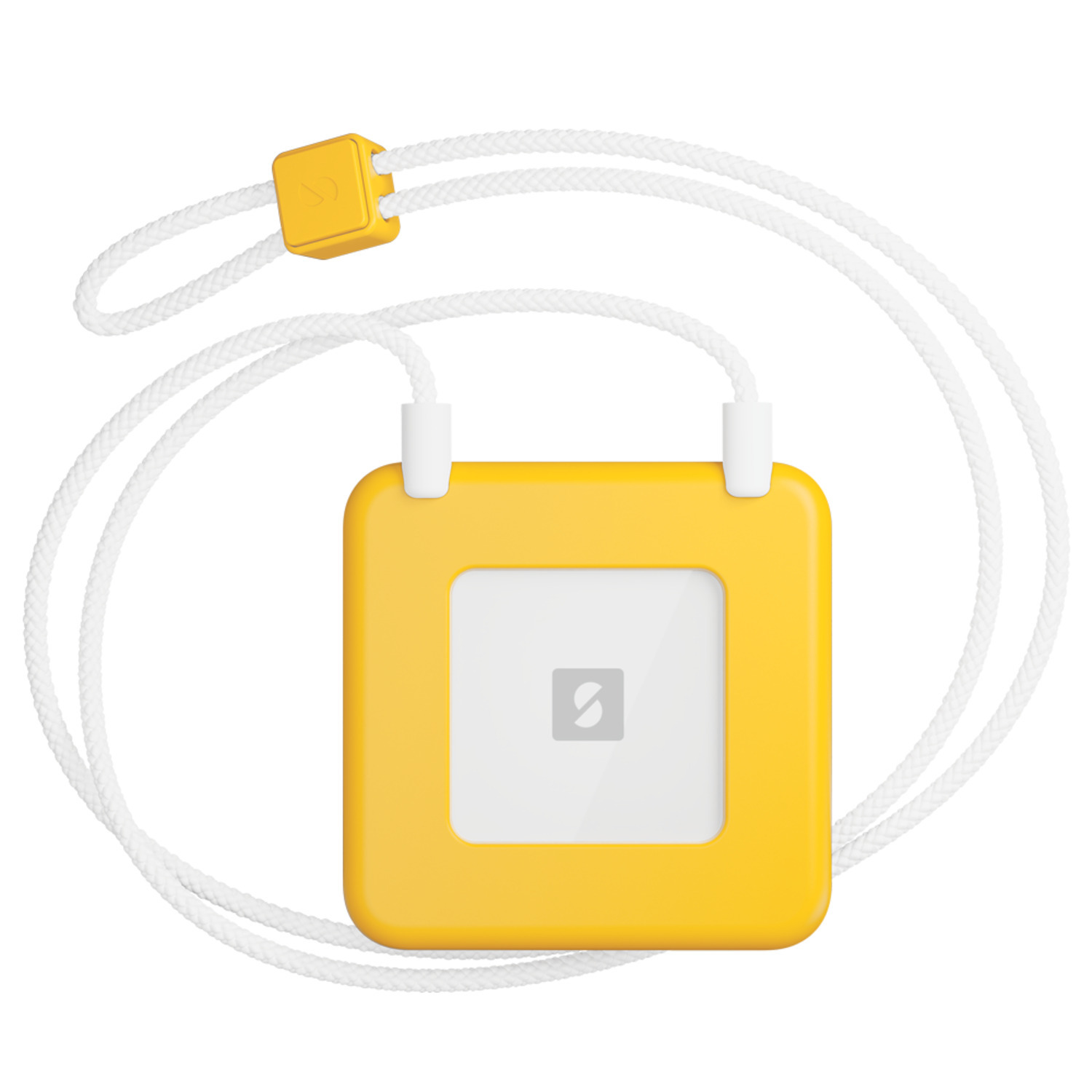 Pendentif carré jaune avec cordon blanc, fond blanc. Un espace blanc carré a un logo gris.
