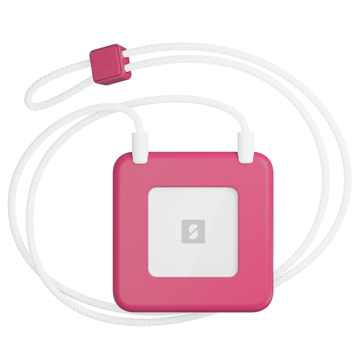 Een roze vierkante hanger met een wit koord. Een witte vierkant in het midden.