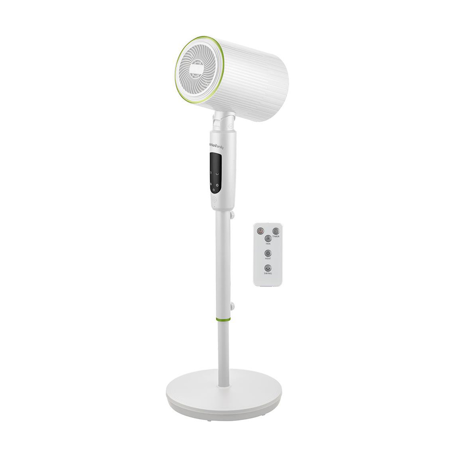 Un purificatore d'aria bianco e verde a forma di ventola su un supporto, con telecomando.