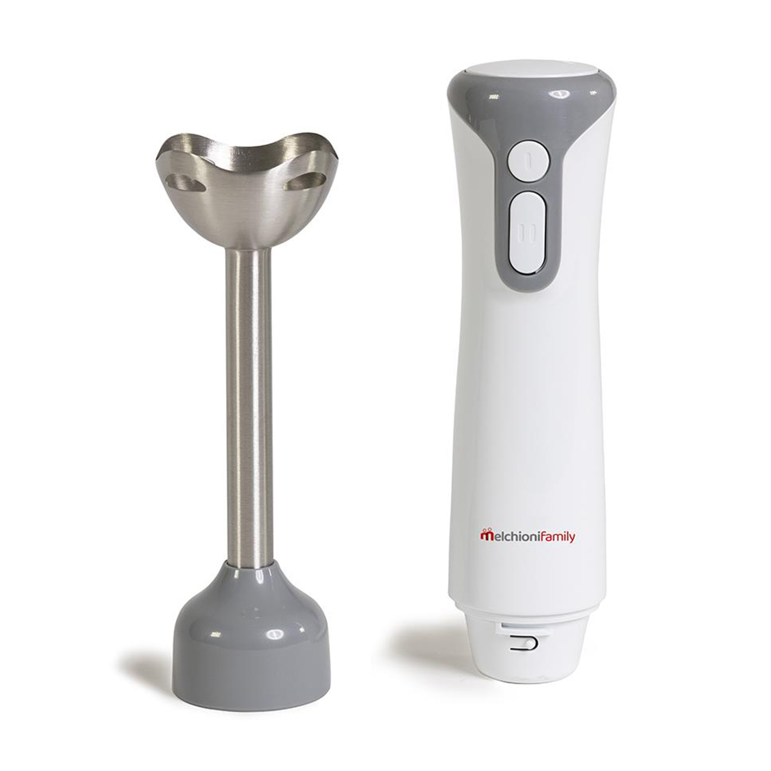 Frullatore a immersione con due parti: lama in acciaio inox e manico bianco e grigio.