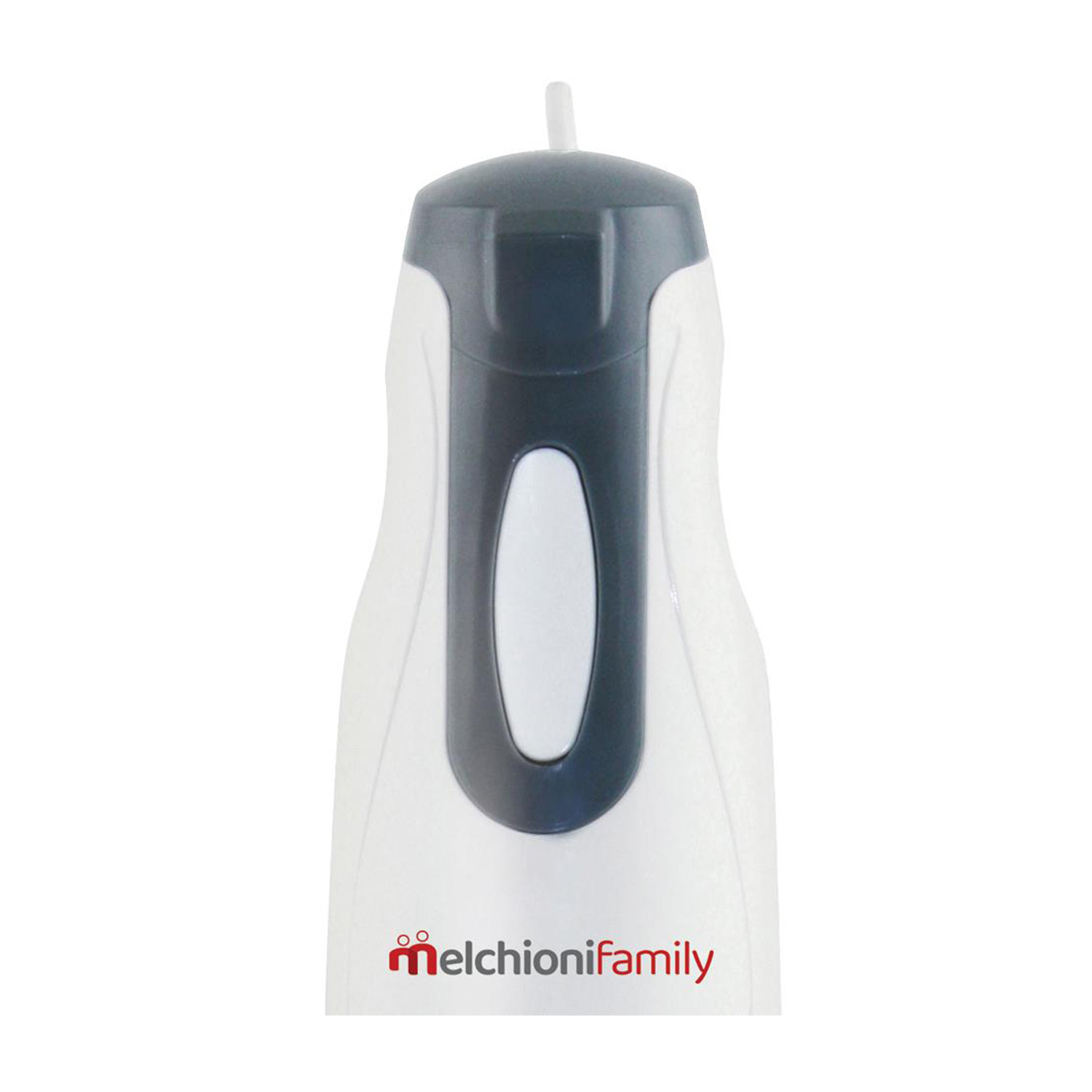 Un frullatore a immersione melchionifamily bianco e grigio, vista dall'alto con logo.