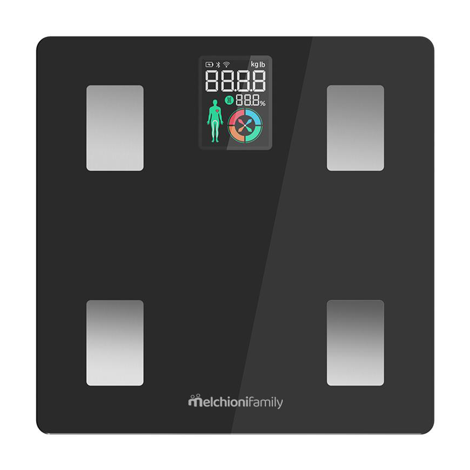 Bilancia intelligente nera con display digitale che mostra peso e metriche della composizione corporea.