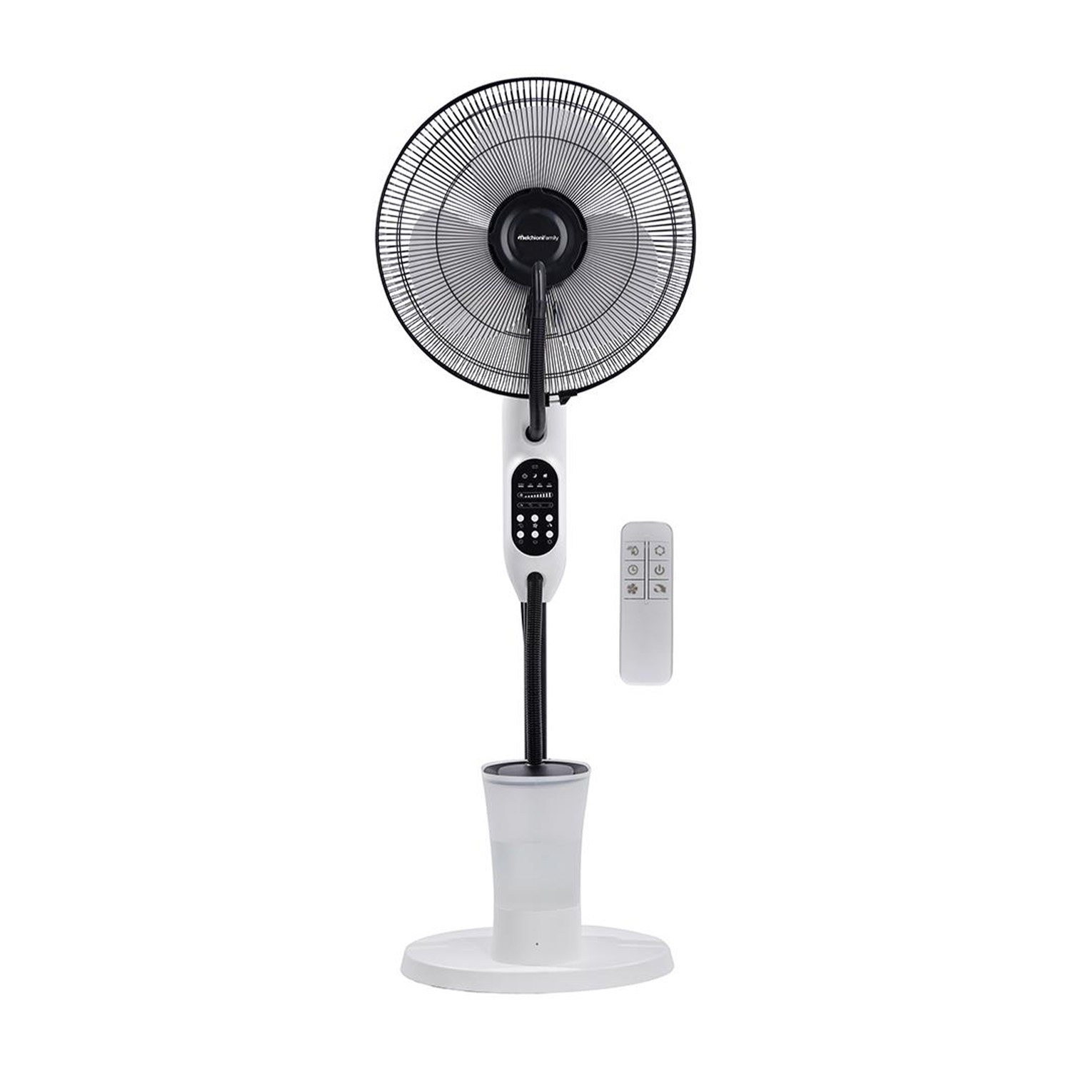 Ventilatore a colonna bianco con telecomando. Ha un display digitale e un contenitore per l'acqua. Lo sfondo è bianco.
