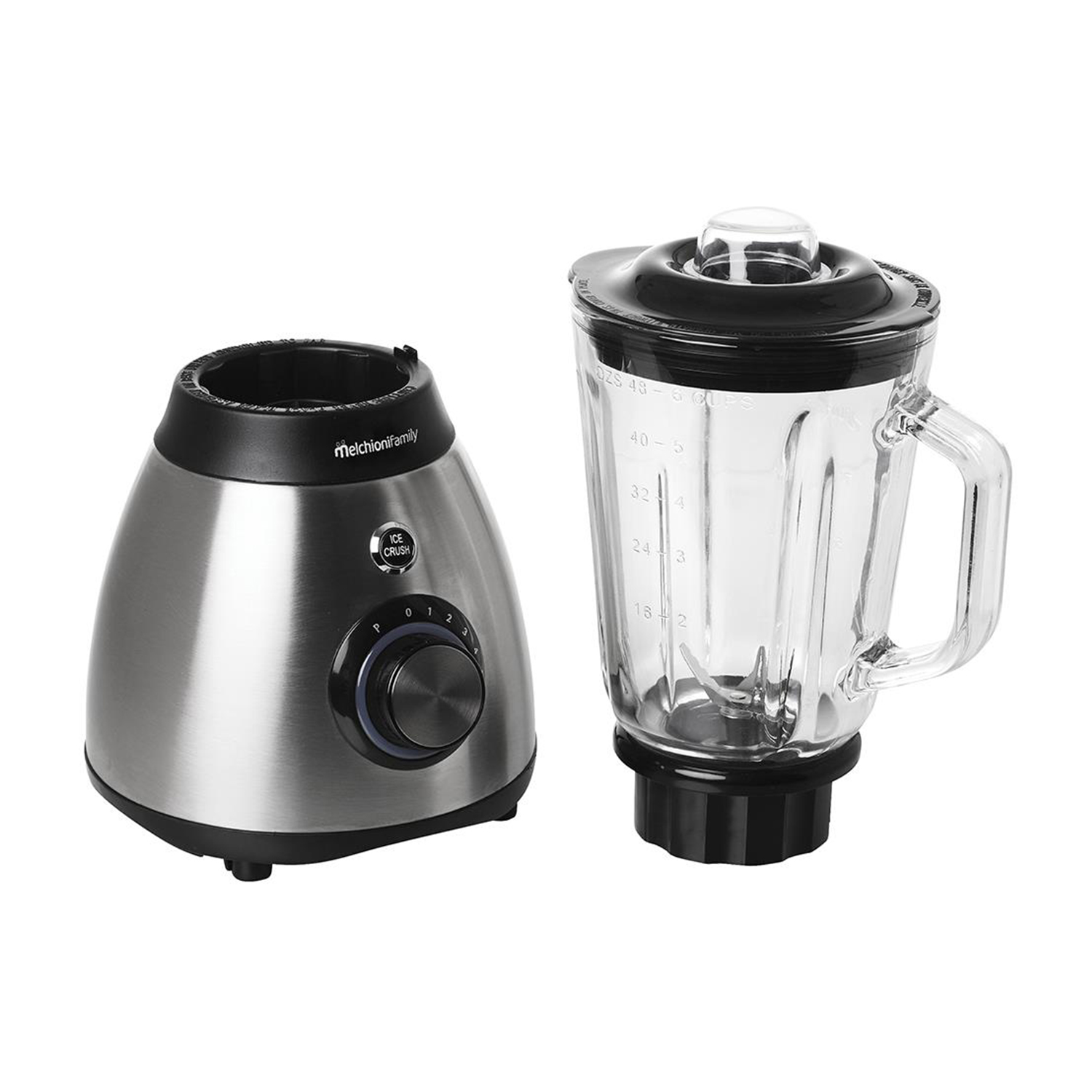 Un frullatore con due parti: base in acciaio inox con comandi e caraffa in vetro.