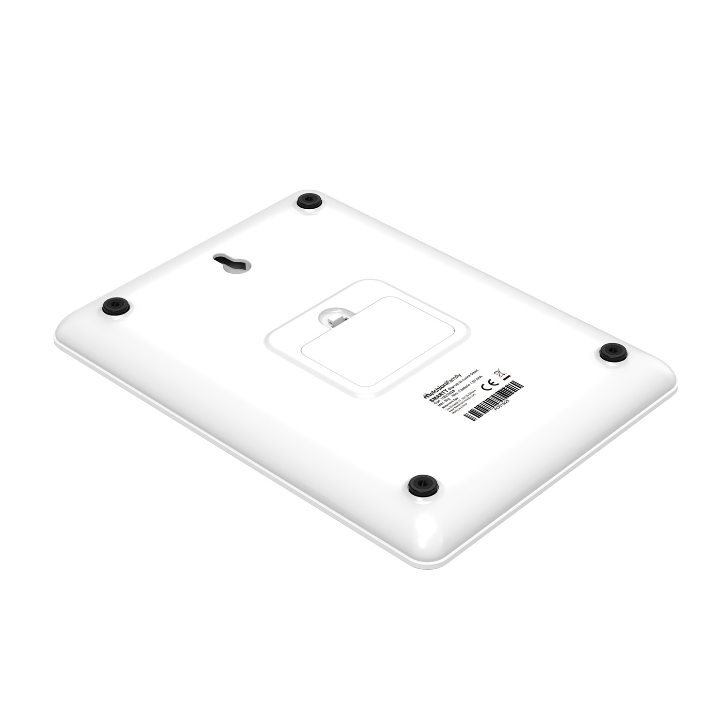 La parte inferiore di un tablet bianco con piedini in gomma neri e un piccolo pannello di accesso.