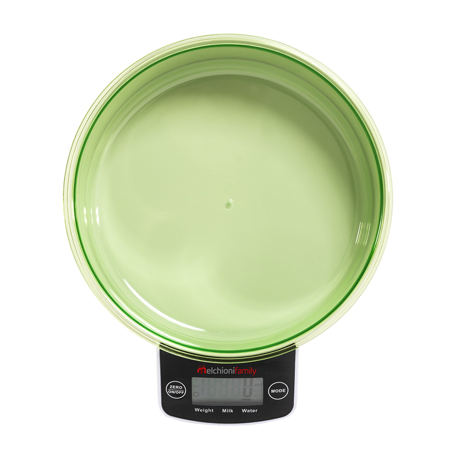 Bilancia da cucina elettronica verde con una ciotola verde. Visualizza opzioni digitali di peso, latte, acqua.