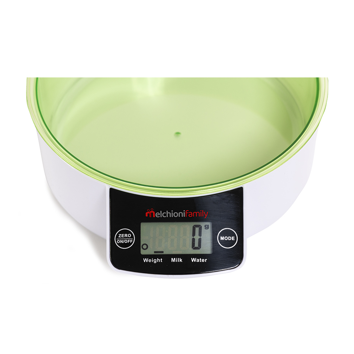 Una bilancia da cucina digitale bianca e verde con uno schermo che mostra '0'.