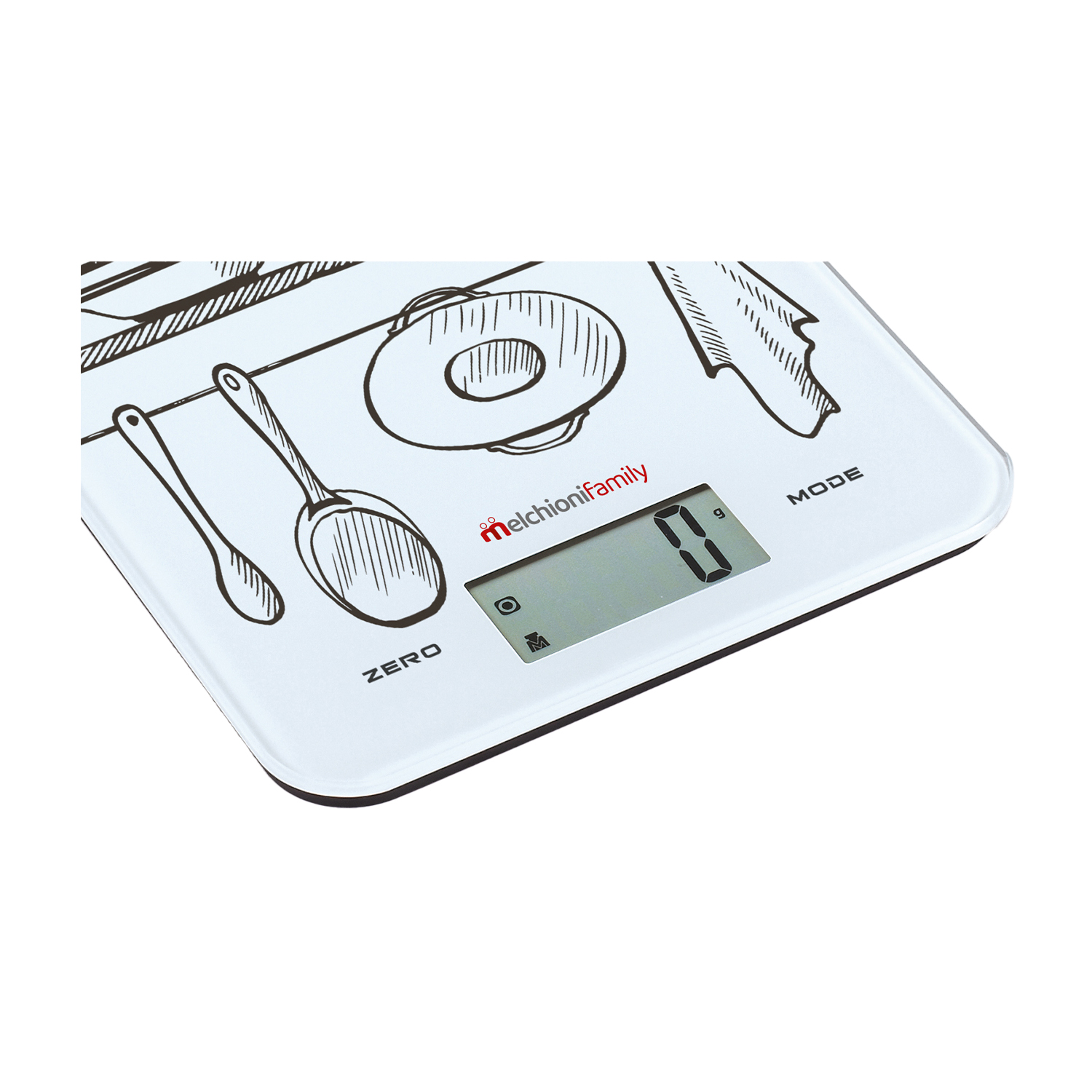 Una bilancia da cucina bianca con display digitale che mostra 0g. La superficie ha utensili disegnati.