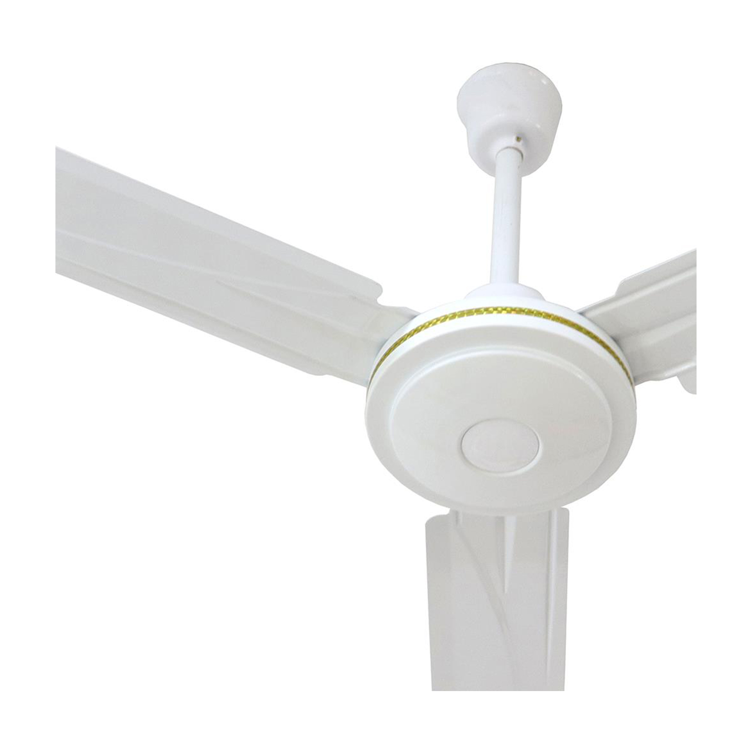 Ventilatore da soffitto bianco con tre pale e alloggiamento centrale bianco, finiture dorate.