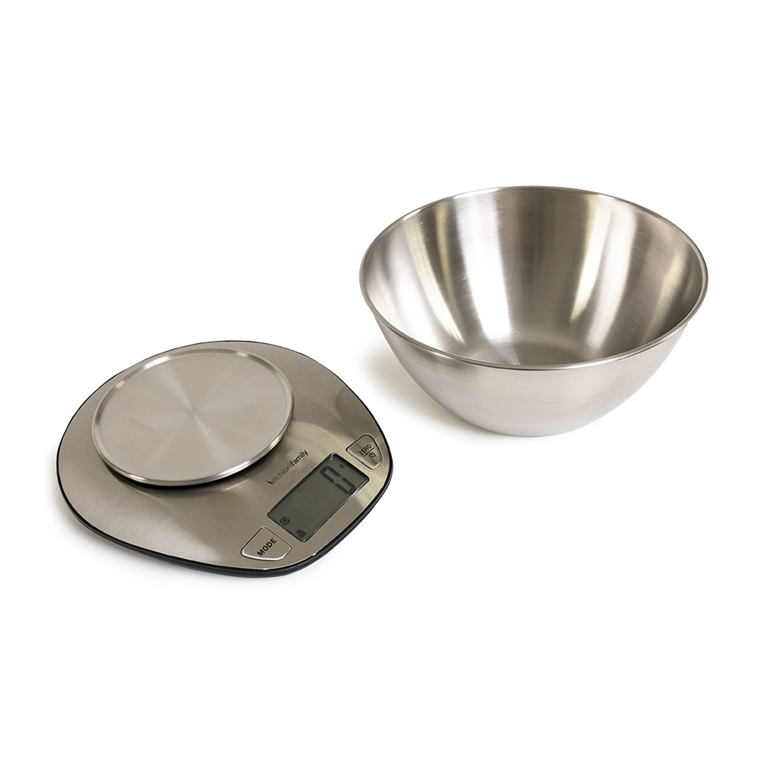 Bilancia da cucina in acciaio inossidabile con ciotola e display digitale, testo 'melchionifamily'.