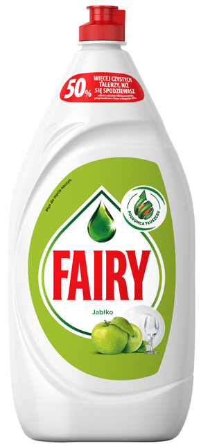 Biała butelka płynu do mycia naczyń Fairy z grafiką zielonych jabłek i czerwoną zakrętką.