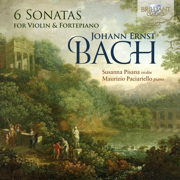 Albumcover für '6 Sonaten für Violine & Forte Piano' von Bach, mit einem Gemälde einer Landschaft.