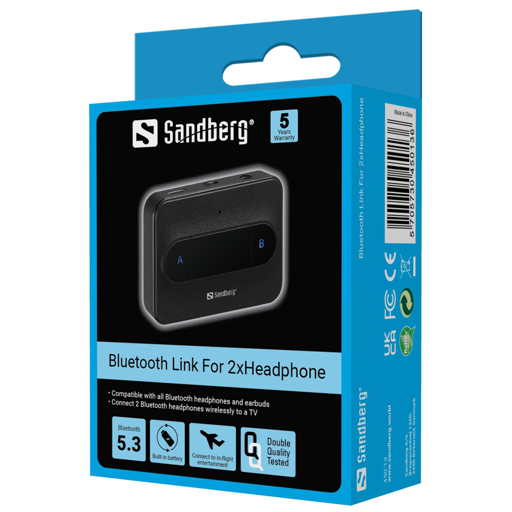 Blau-schwarze Box mit Sandberg Bluetooth Link Produkt. Zeigt Produkt und Funktionen auf der Box.
