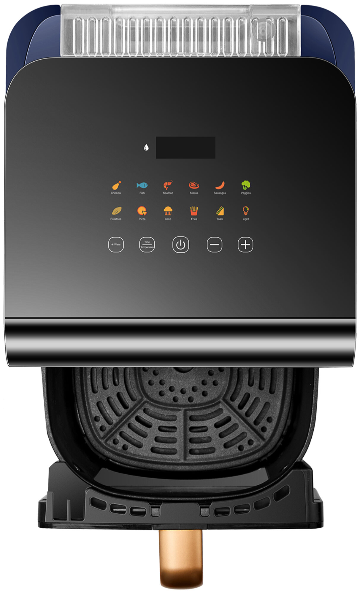 Czarna frytkownica powietrzna z cyfrowym wyświetlaczem pokazującym opcje gotowania.