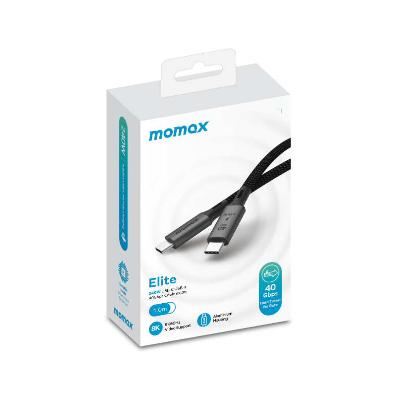 İçinde bir kablo bulunan beyaz ve gri bir kutu. Kutudaki metin: Momax Elite 240W kablosu.