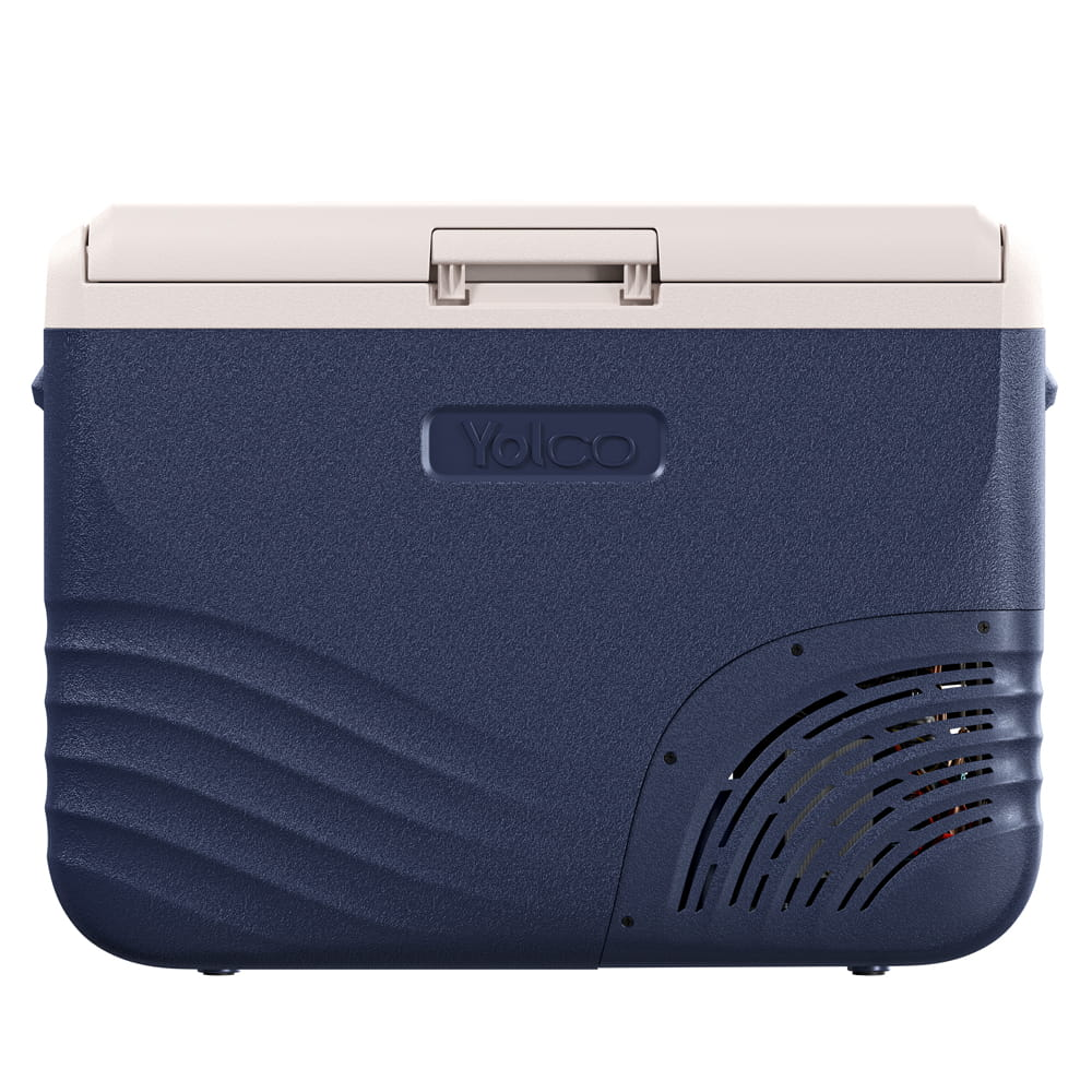 Niebiesko-biała lodówka z uchwytem i otworem wentylacyjnym z boku.