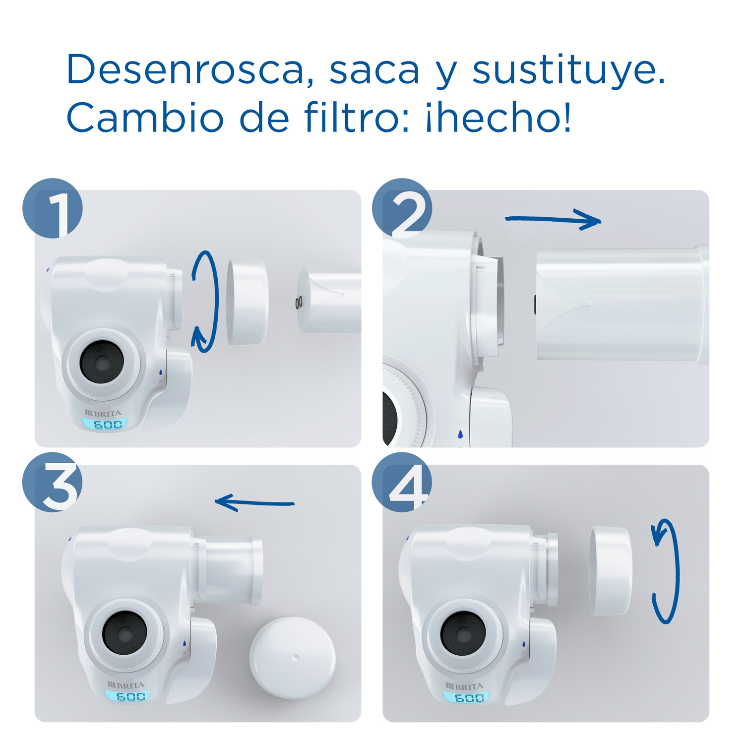 Diagrama que muestra cómo cambiar un filtro. Los pasos 1-4 muestran desenroscar, quitar y reemplazar.