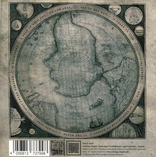 Kreisförmige Karte mit Text am Rand. Eine Karte im Vintage-Stil, die eine polare Ansicht der Welt zeigt.