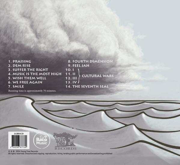 Rückseite eines Albums mit Songtiteln und bewölktem Hintergrund.